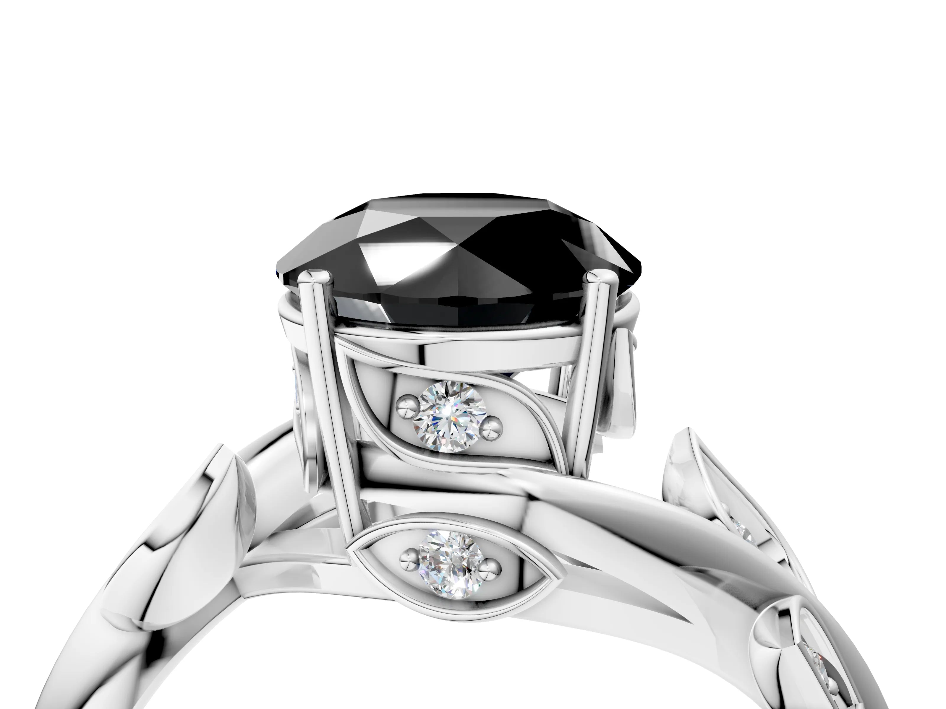 White gold Fancy Black Round Cut Solitaire Twist Engagement Ring with Leaf Accents and Prong Setting_16