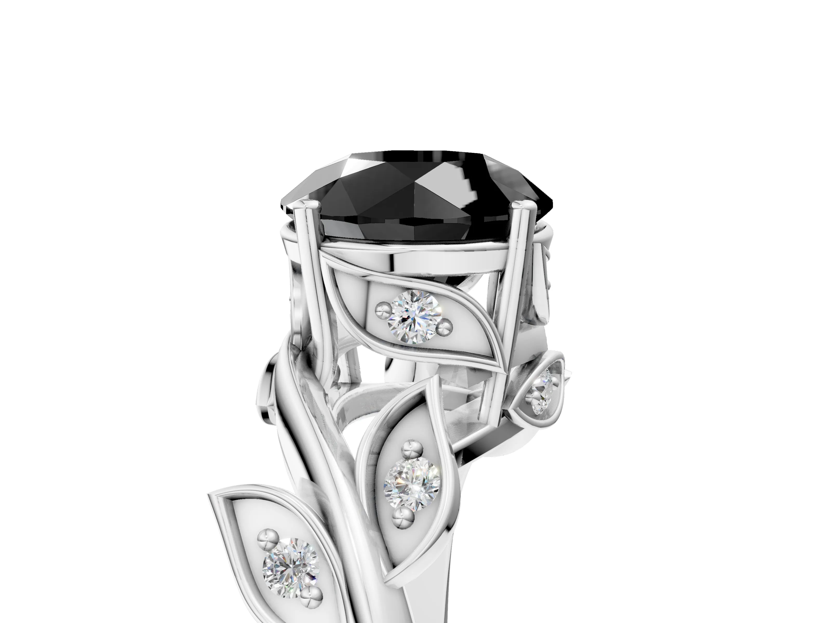 White gold Fancy Black Round Cut Solitaire Twist Engagement Ring with Leaf Accents and Prong Setting_17