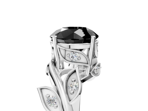 White gold Fancy Black Round Cut Solitaire Twist Engagement Ring with Leaf Accents and Prong Setting_17