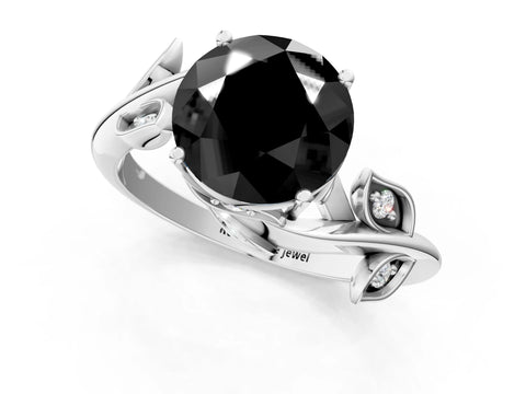 White gold Fancy Black Round Cut Solitaire Twist Engagement Ring with Leaf Accents and Prong Setting_1