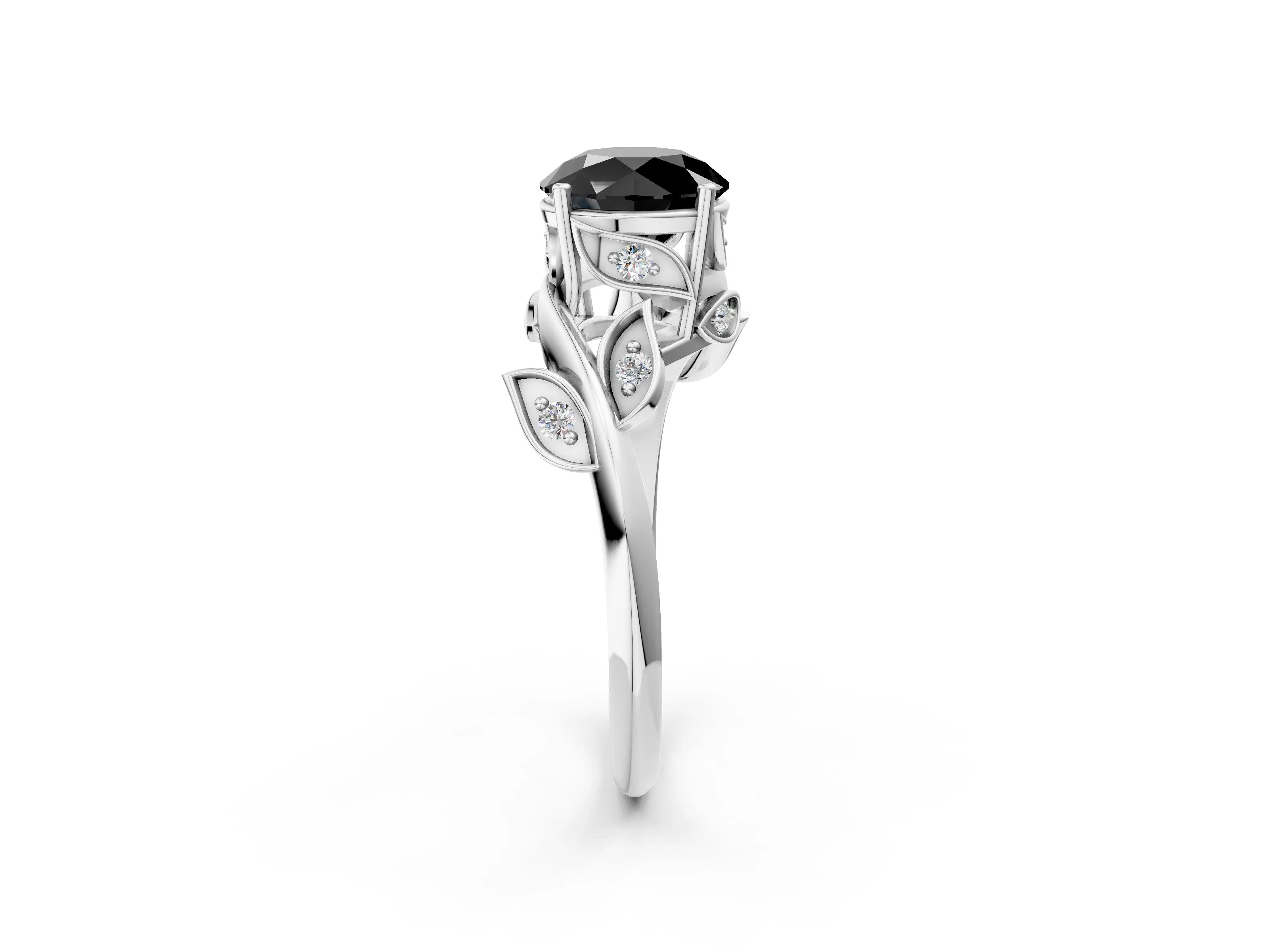 White gold Fancy Black Round Cut Solitaire Twist Engagement Ring with Leaf Accents and Prong Setting_2