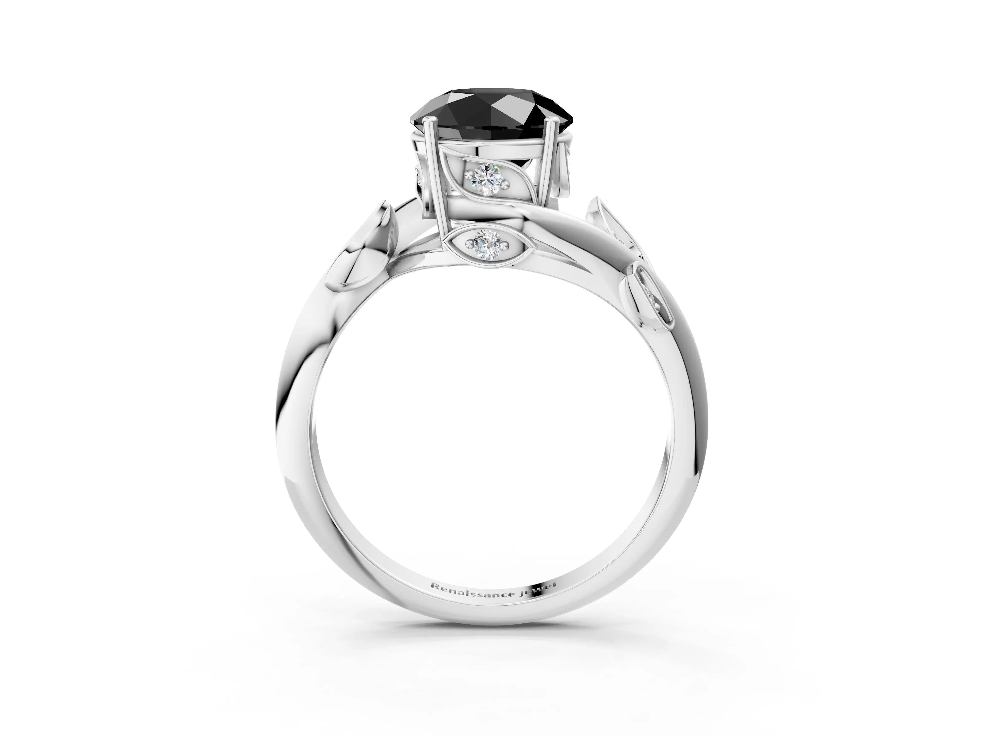 White gold Fancy Black Round Cut Solitaire Twist Engagement Ring with Leaf Accents and Prong Setting_3