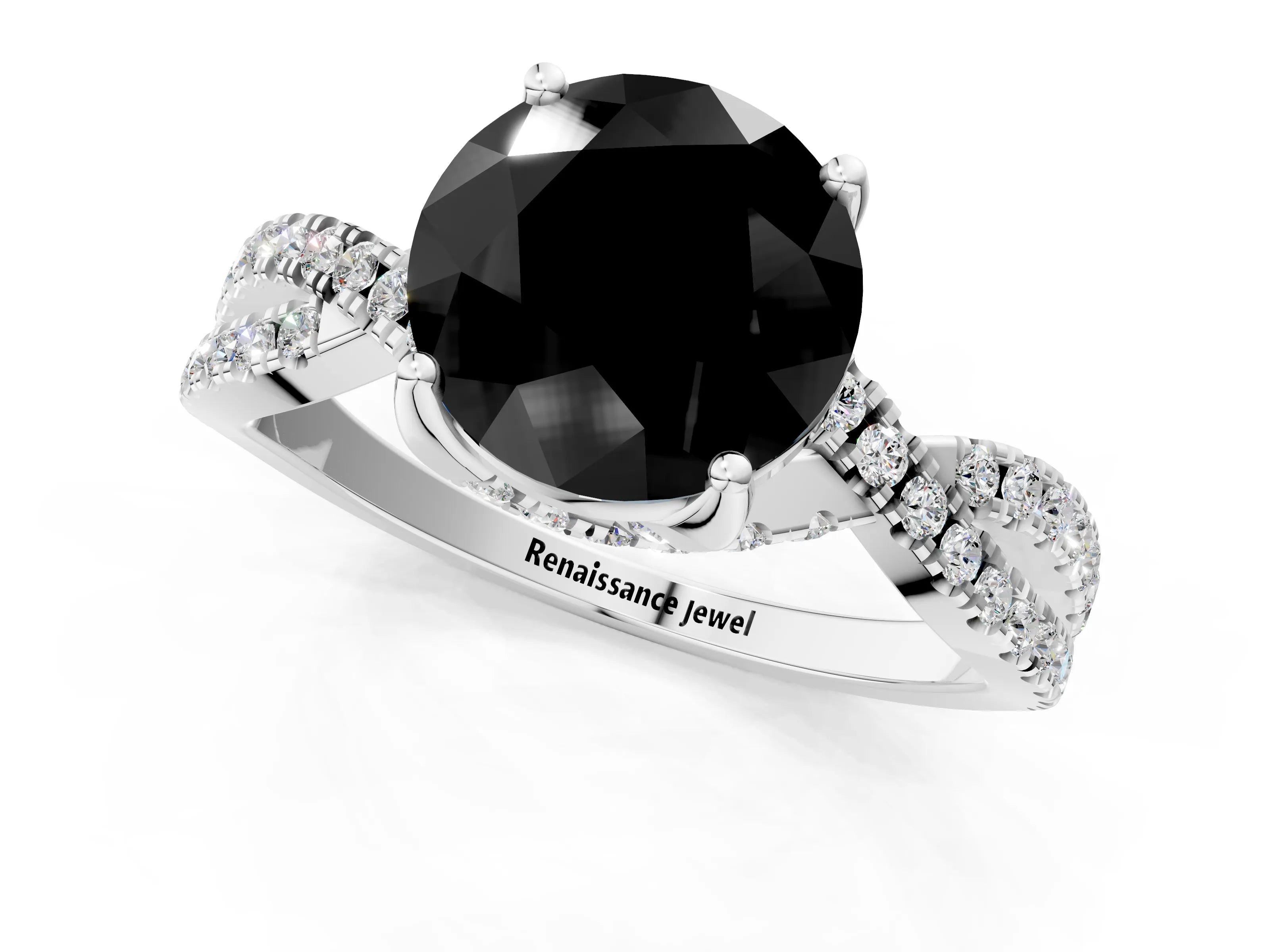 White gold Fancy Black Round Cut Solitaire Twist Pave Diamond Engagement Ring with Prong Setting_13