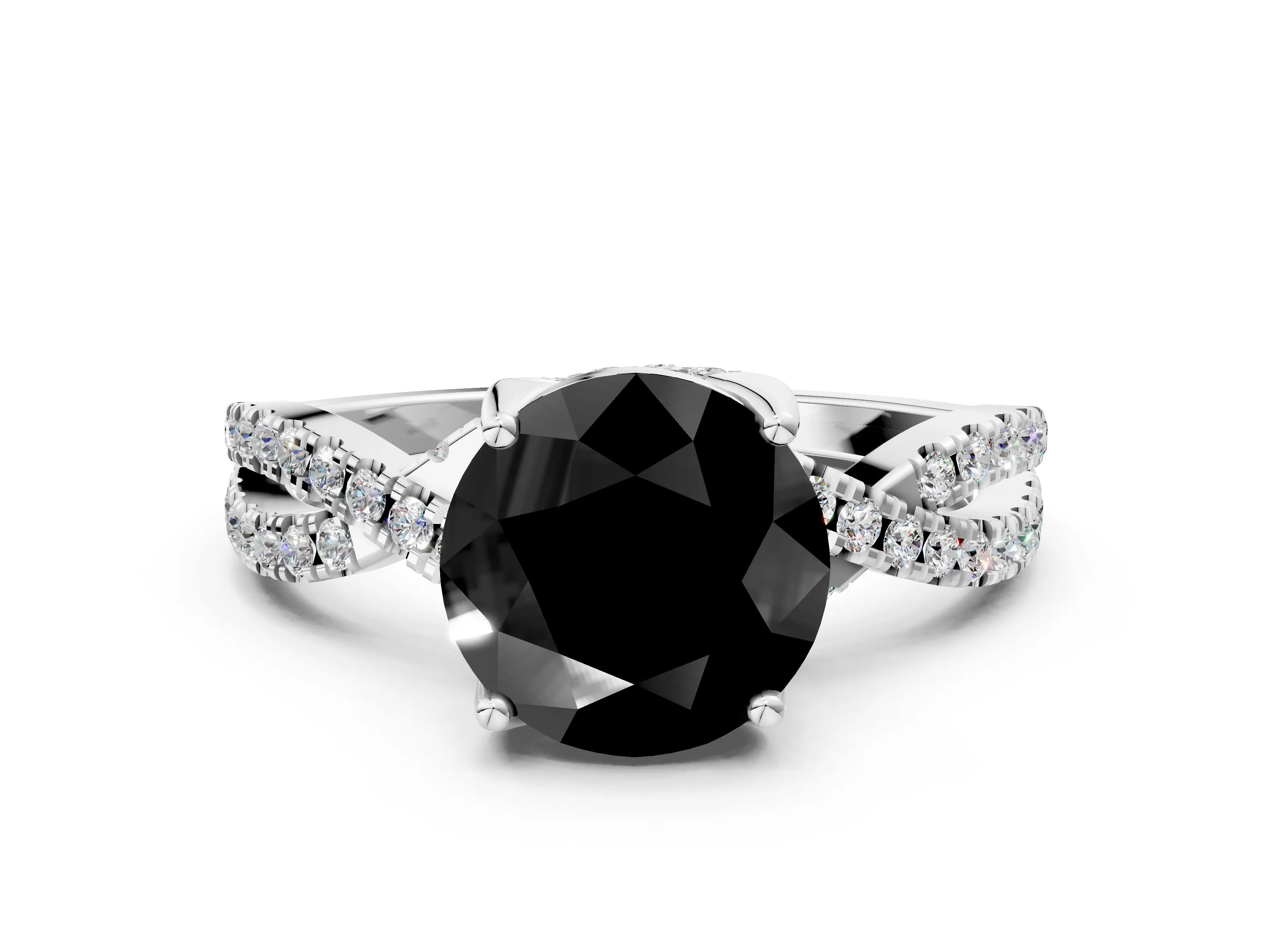 White gold Fancy Black Round Cut Solitaire Twist Pave Diamond Engagement Ring with Prong Setting_18