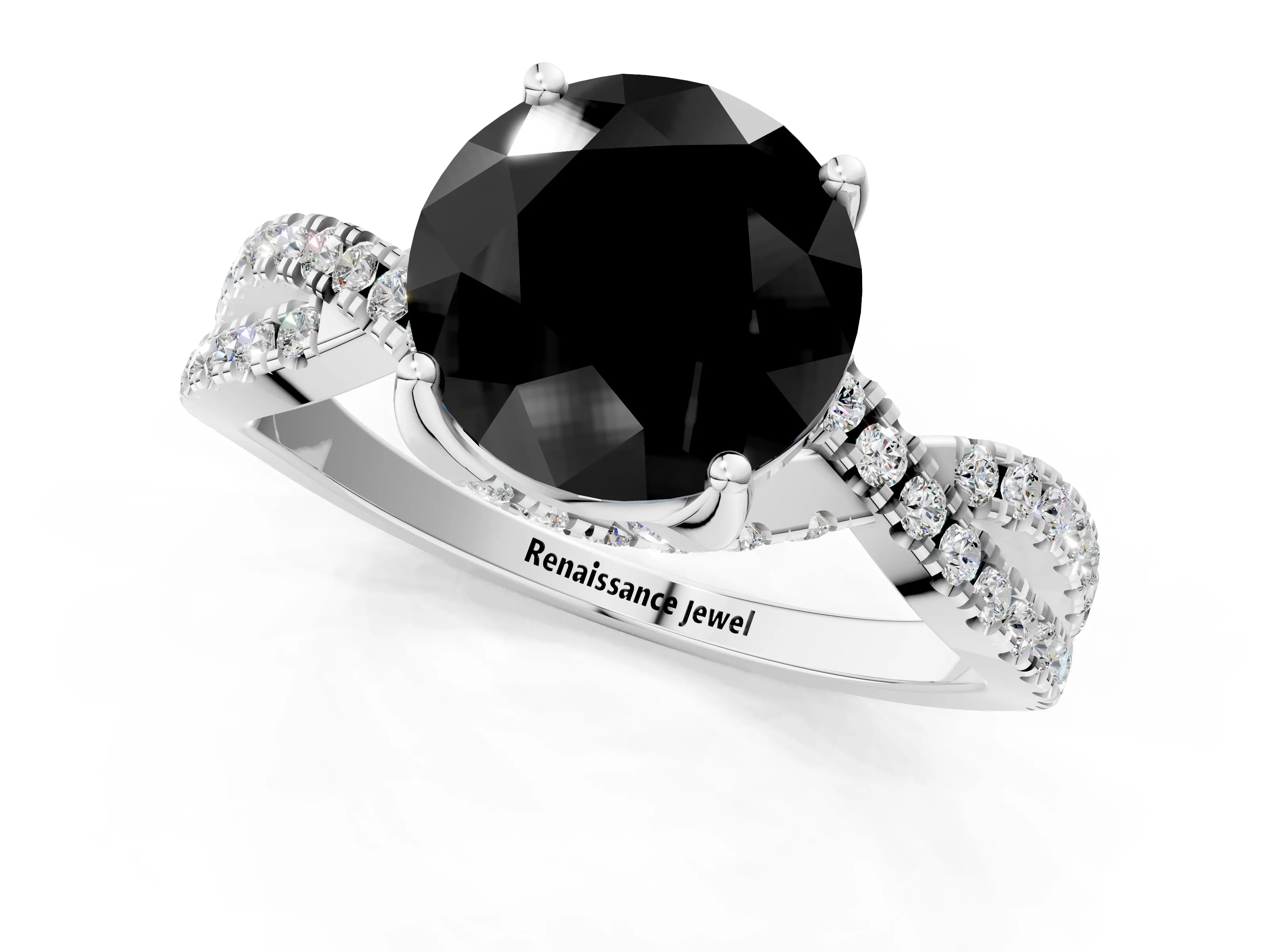 White gold Fancy Black Round Cut Solitaire Twist Pave Diamond Engagement Ring with Prong Setting_19