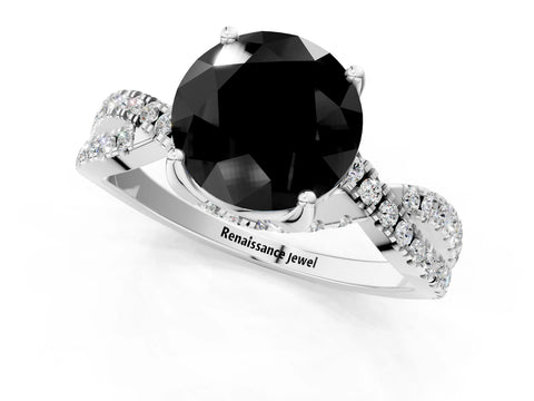 White gold Fancy Black Round Cut Solitaire Twist Pave Diamond Engagement Ring with Prong Setting_19