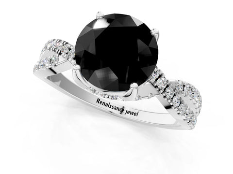 White gold Fancy Black Round Cut Solitaire Twist Pave Diamond Engagement Ring with Prong Setting_1