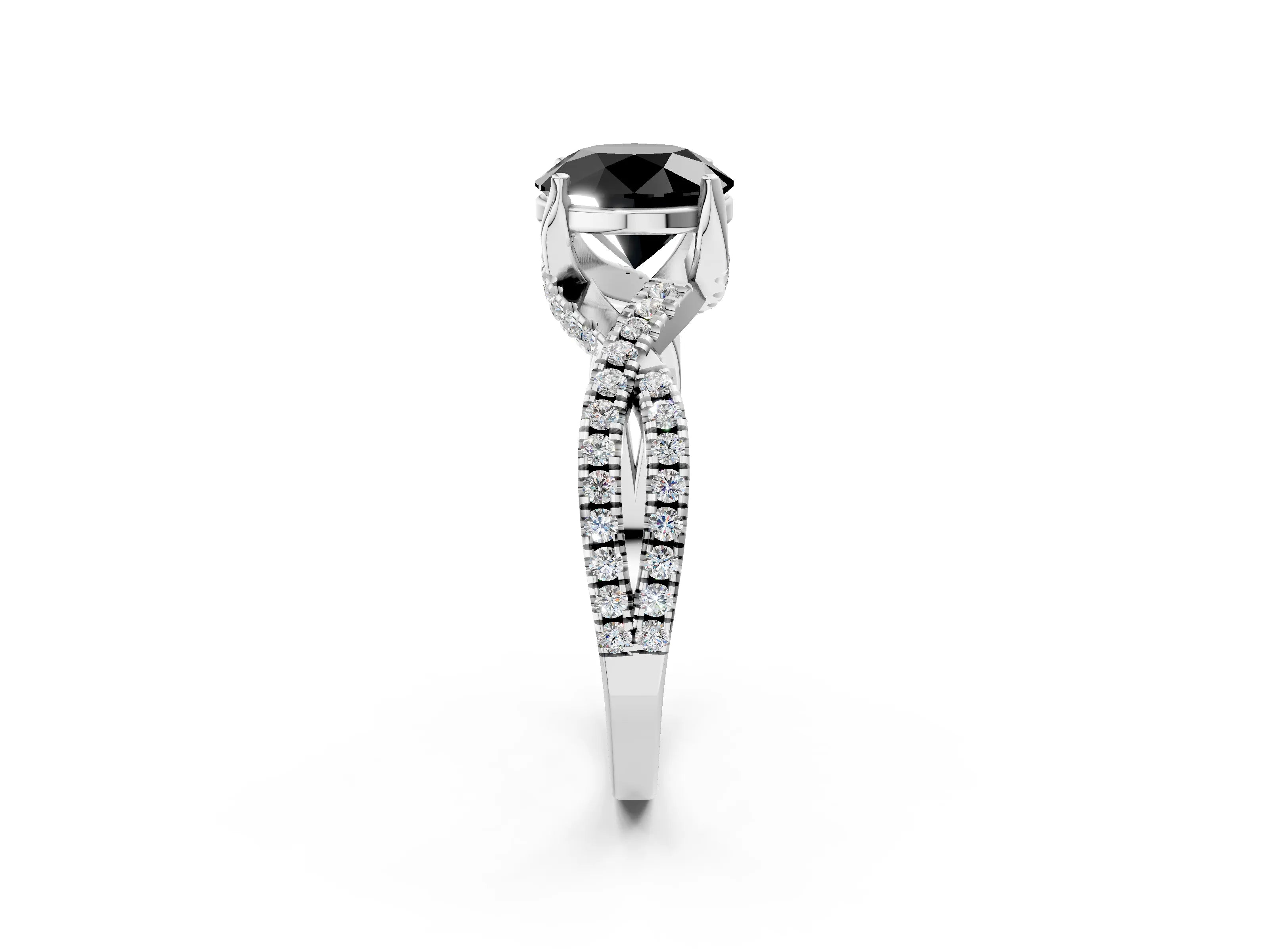 White gold Fancy Black Round Cut Solitaire Twist Pave Diamond Engagement Ring with Prong Setting_20