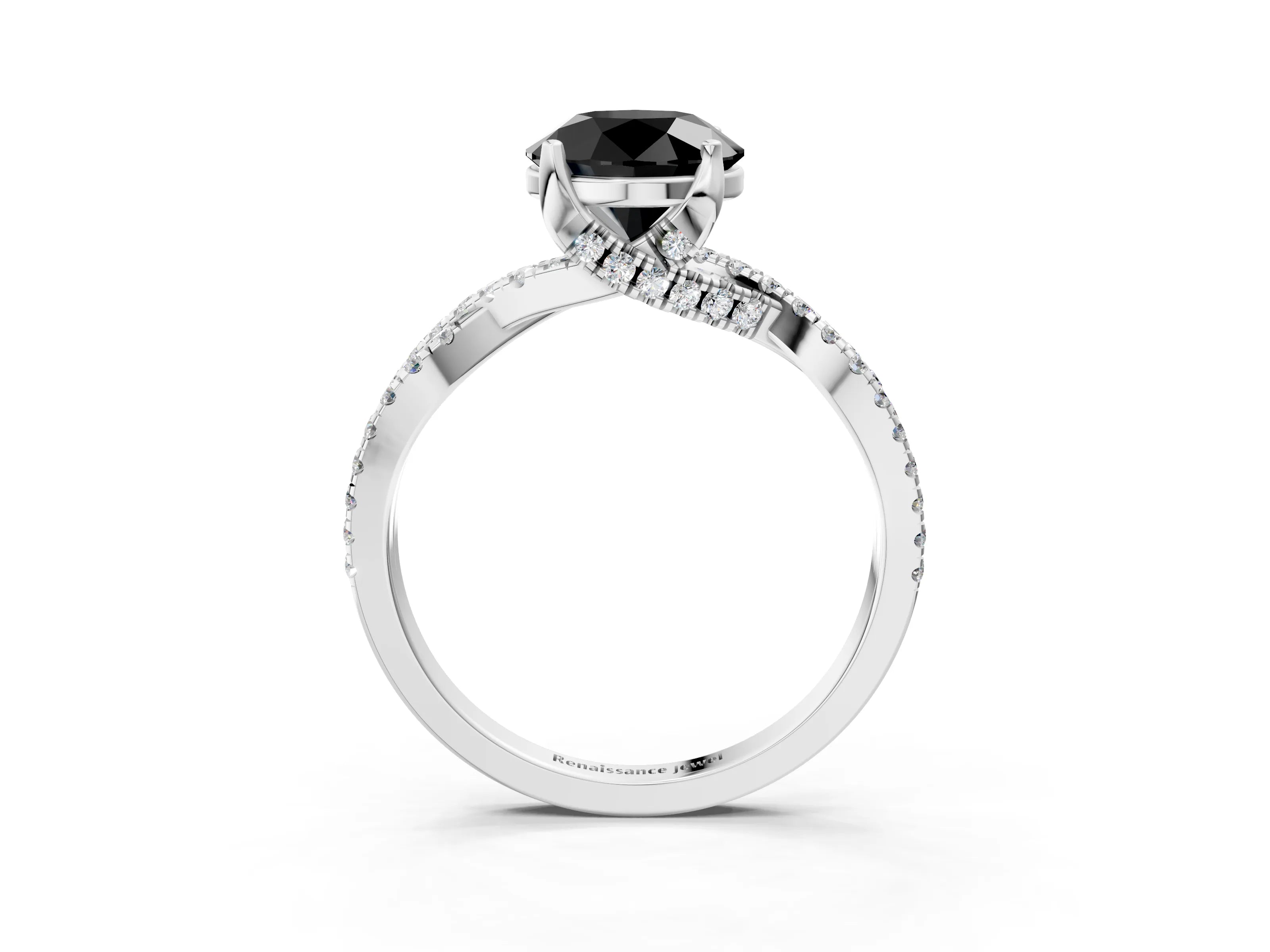 White gold Fancy Black Round Cut Solitaire Twist Pave Diamond Engagement Ring with Prong Setting_21
