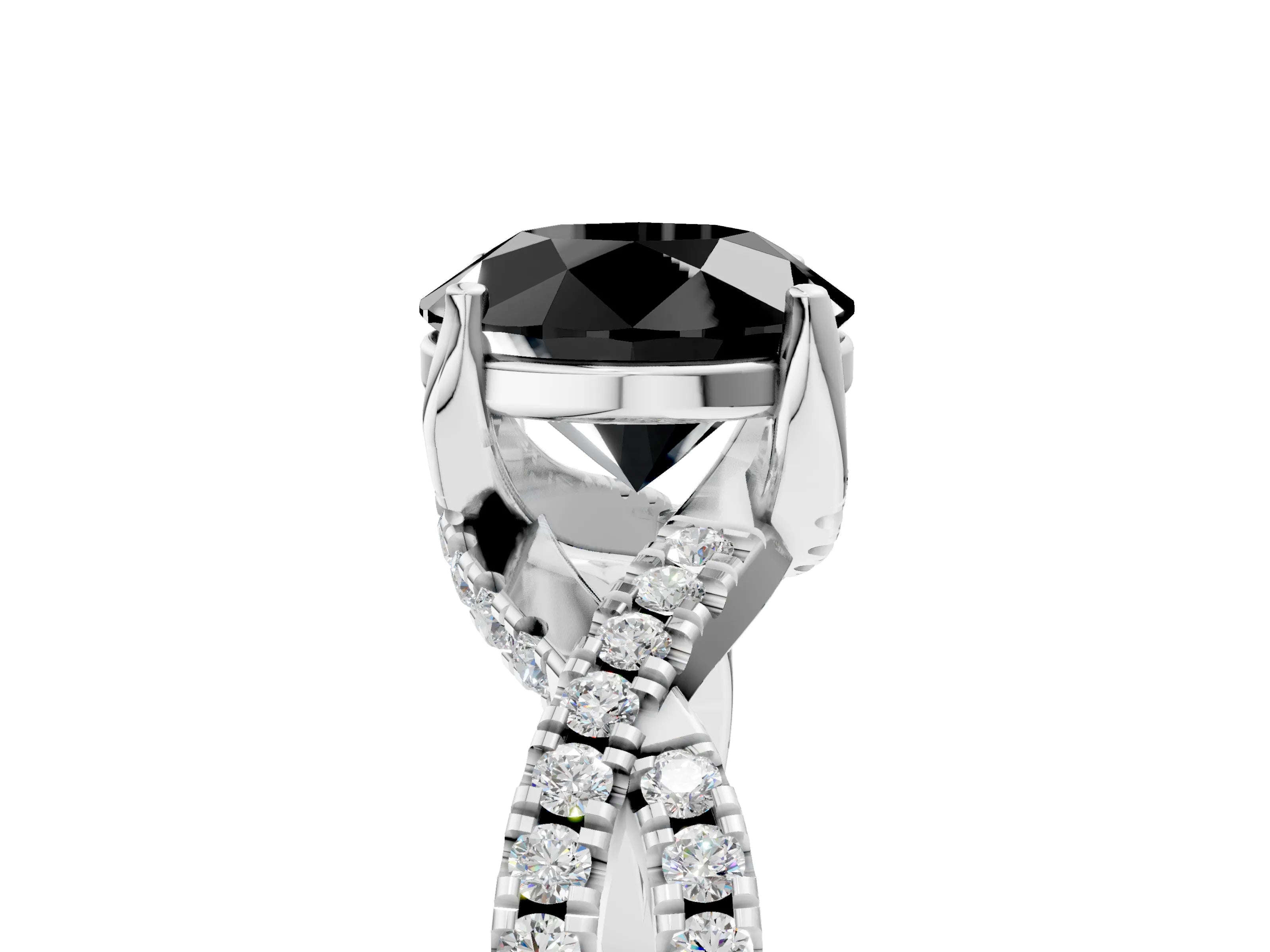 White gold Fancy Black Round Cut Solitaire Twist Pave Diamond Engagement Ring with Prong Setting_23
