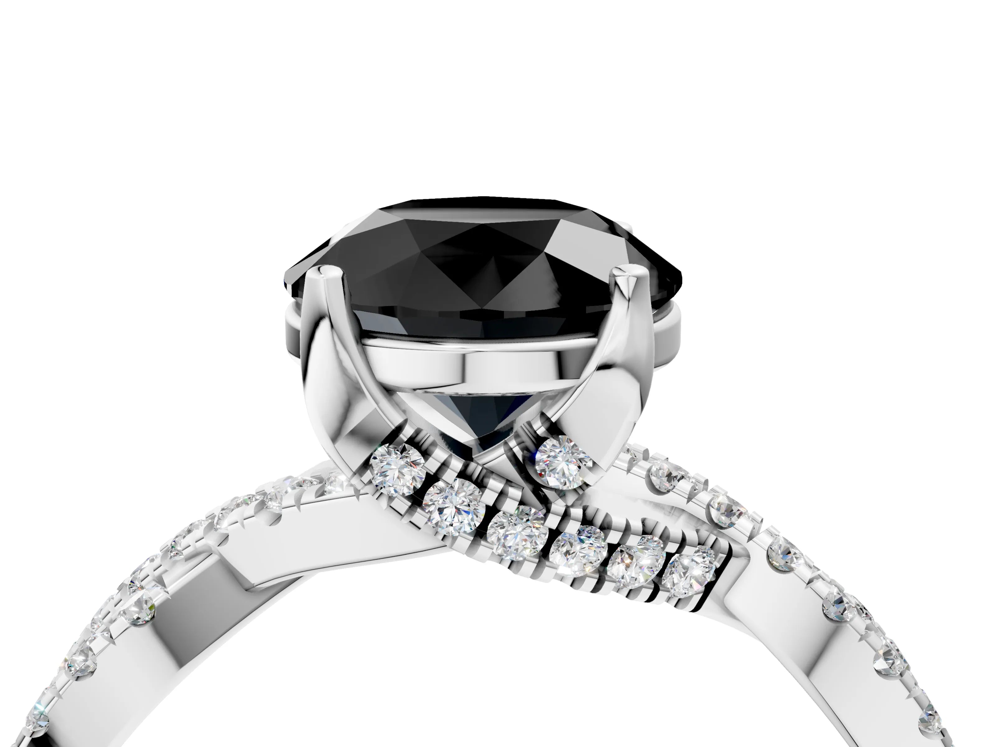 White gold Fancy Black Round Cut Solitaire Twist Pave Diamond Engagement Ring with Prong Setting_4