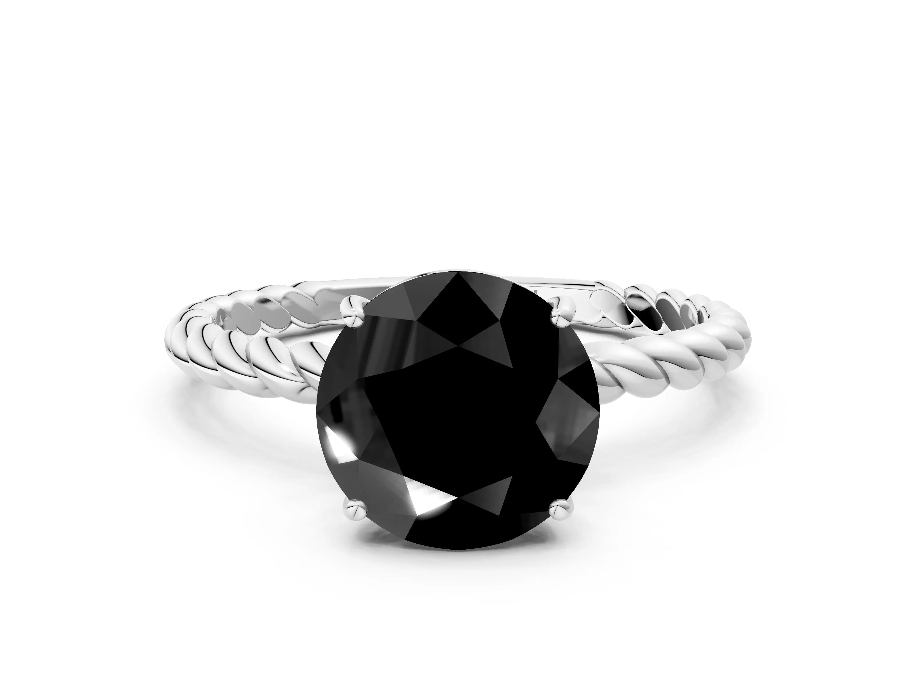 White gold Fancy Black Round Cut Solitaire Twisted Band 4-Prong Ring_24