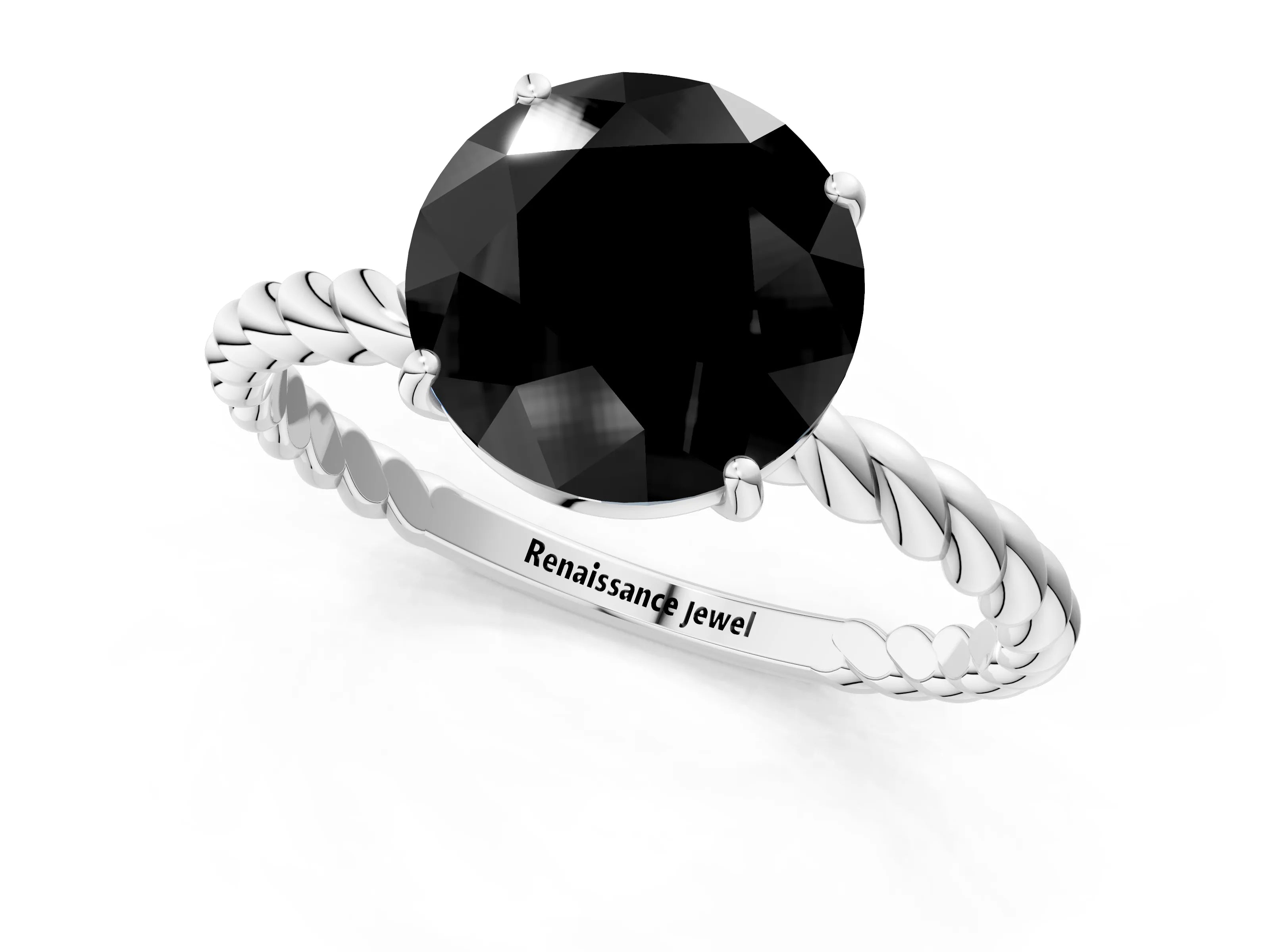 White gold Fancy Black Round Cut Solitaire Twisted Band 4-Prong Ring_25