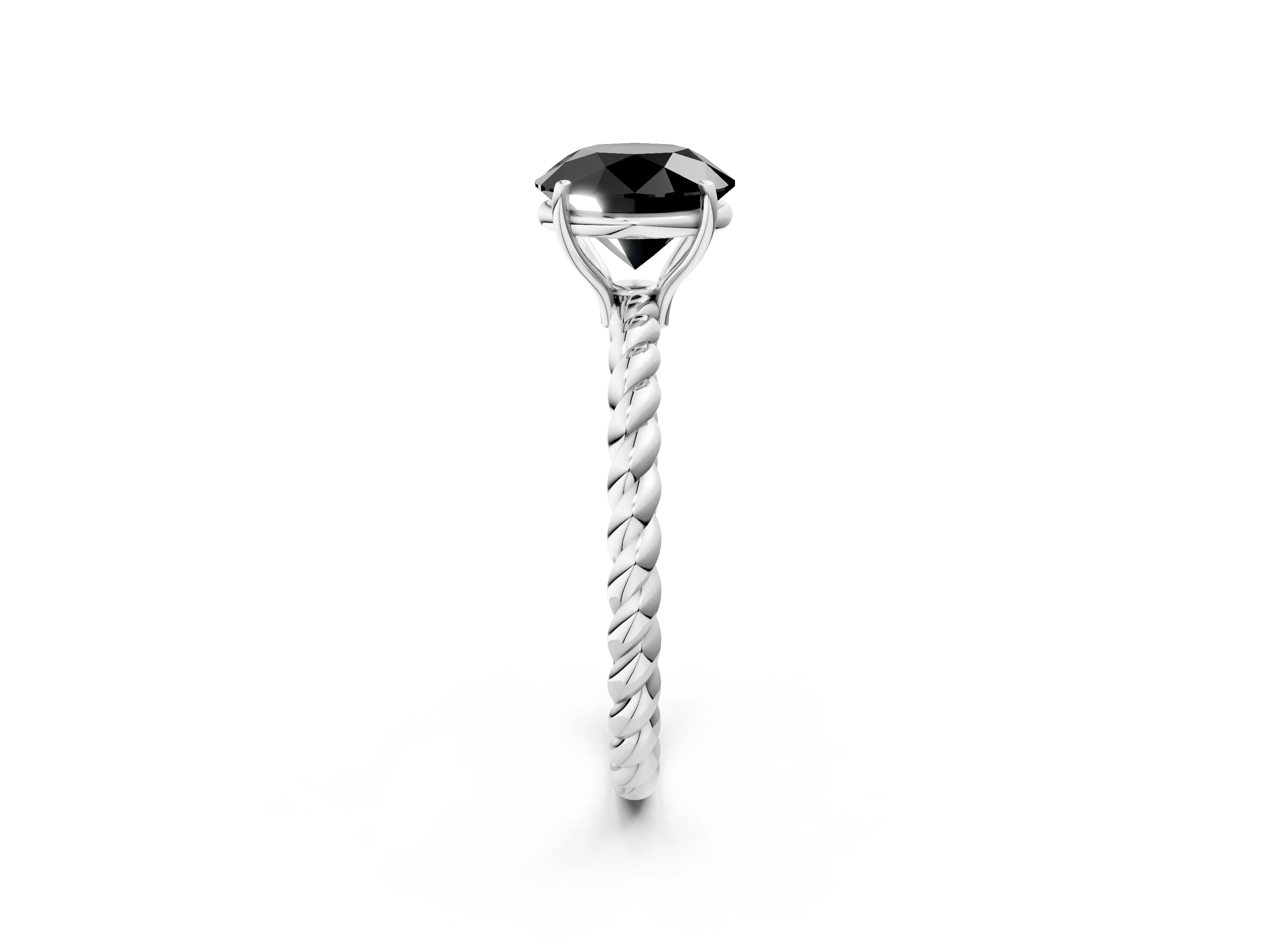 White gold Fancy Black Round Cut Solitaire Twisted Band 4-Prong Ring_26