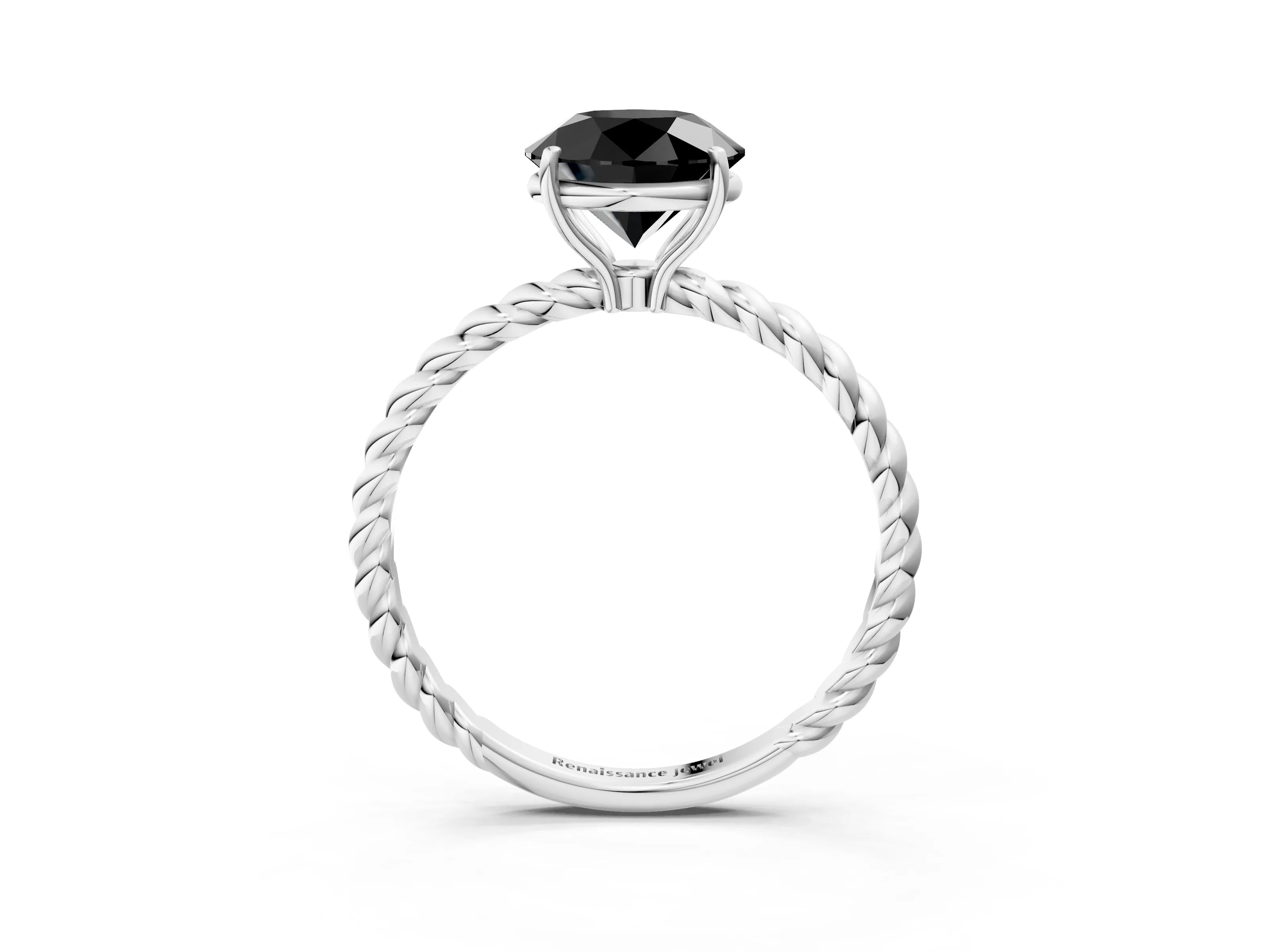 White gold Fancy Black Round Cut Solitaire Twisted Band 4-Prong Ring_27