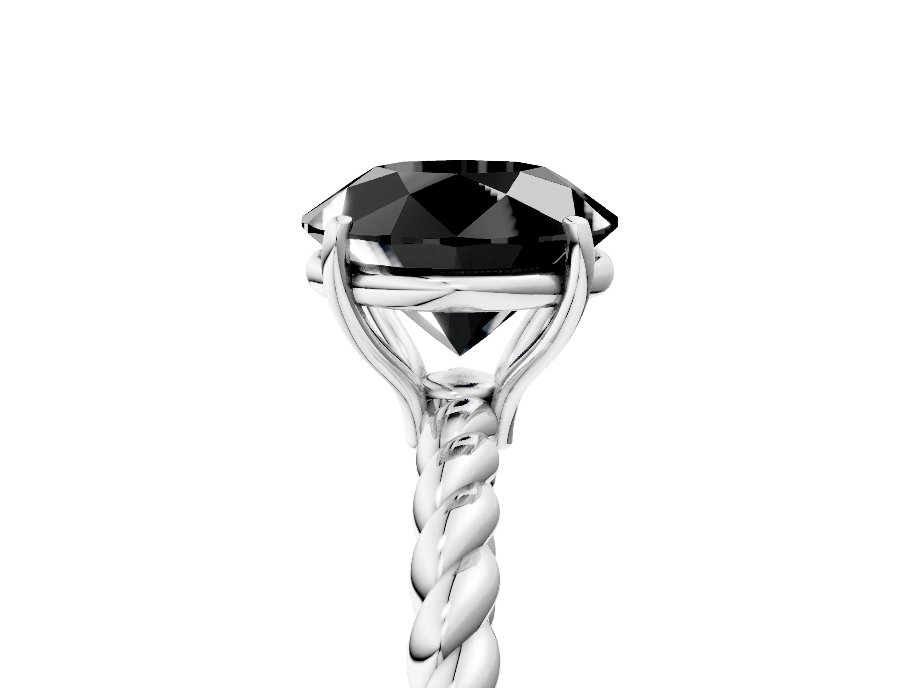 White gold Fancy Black Round Cut Solitaire Twisted Band 4-Prong Ring_29