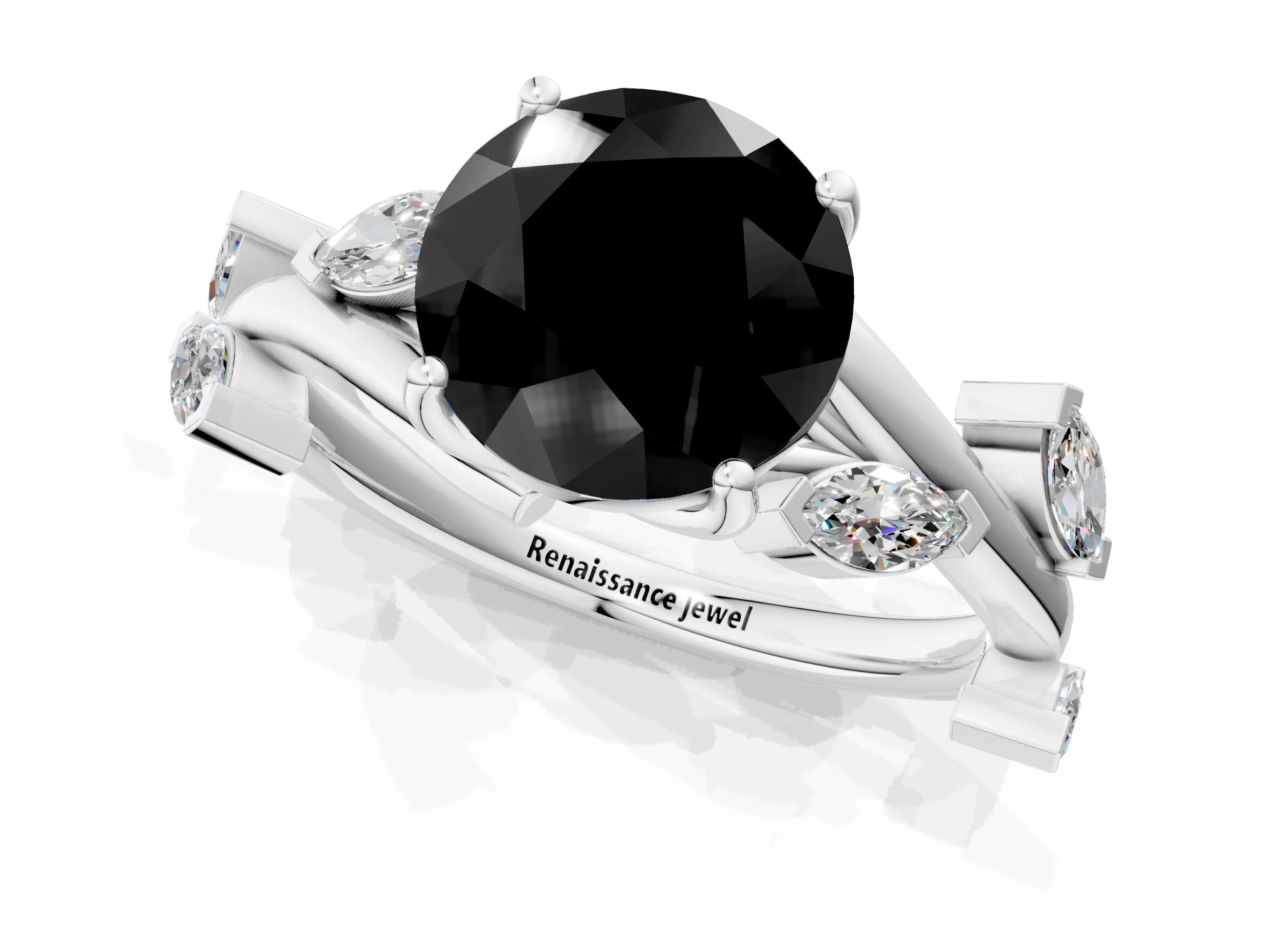 White gold Fancy Black Round Cut Solitaire Twisted Band Marquise Accent Prong Setting Ring_13