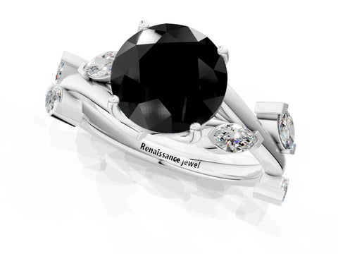 White gold Fancy Black Round Cut Solitaire Twisted Band Marquise Accent Prong Setting Ring_13