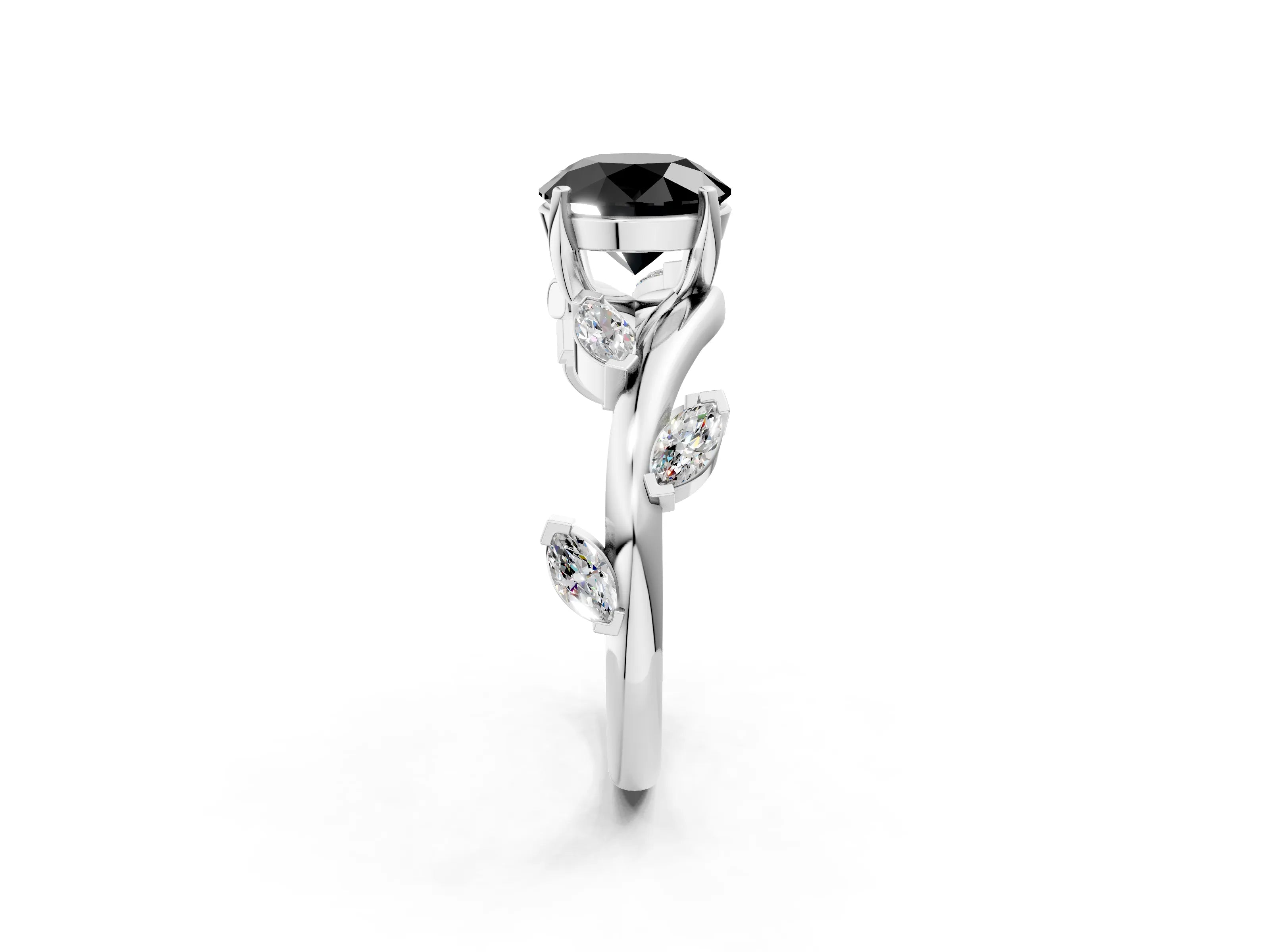 White gold Fancy Black Round Cut Solitaire Twisted Band Marquise Accent Prong Setting Ring_14
