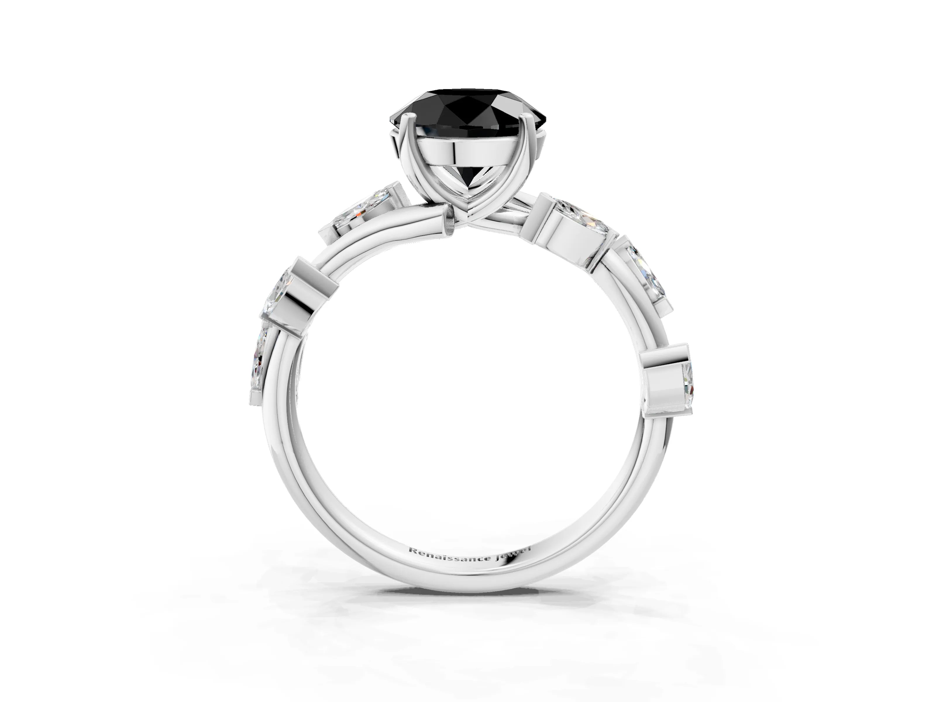 White gold Fancy Black Round Cut Solitaire Twisted Band Marquise Accent Prong Setting Ring_15