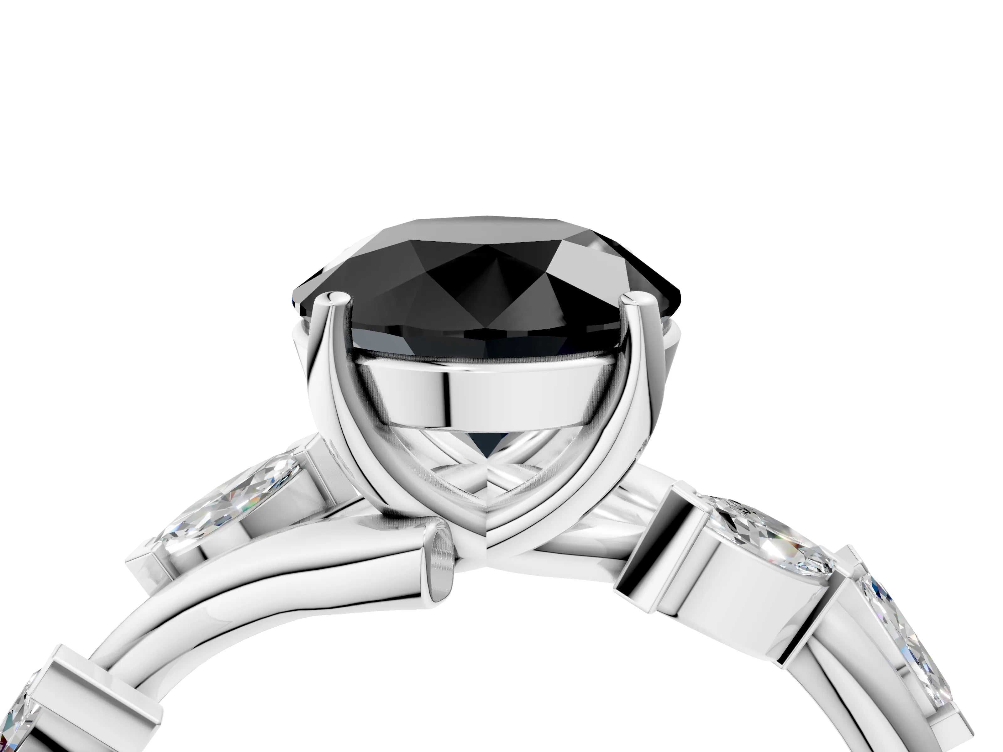 White gold Fancy Black Round Cut Solitaire Twisted Band Marquise Accent Prong Setting Ring_16