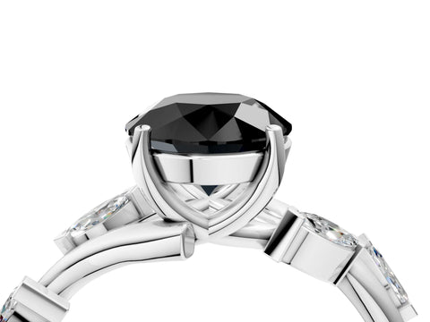 White gold Fancy Black Round Cut Solitaire Twisted Band Marquise Accent Prong Setting Ring_16