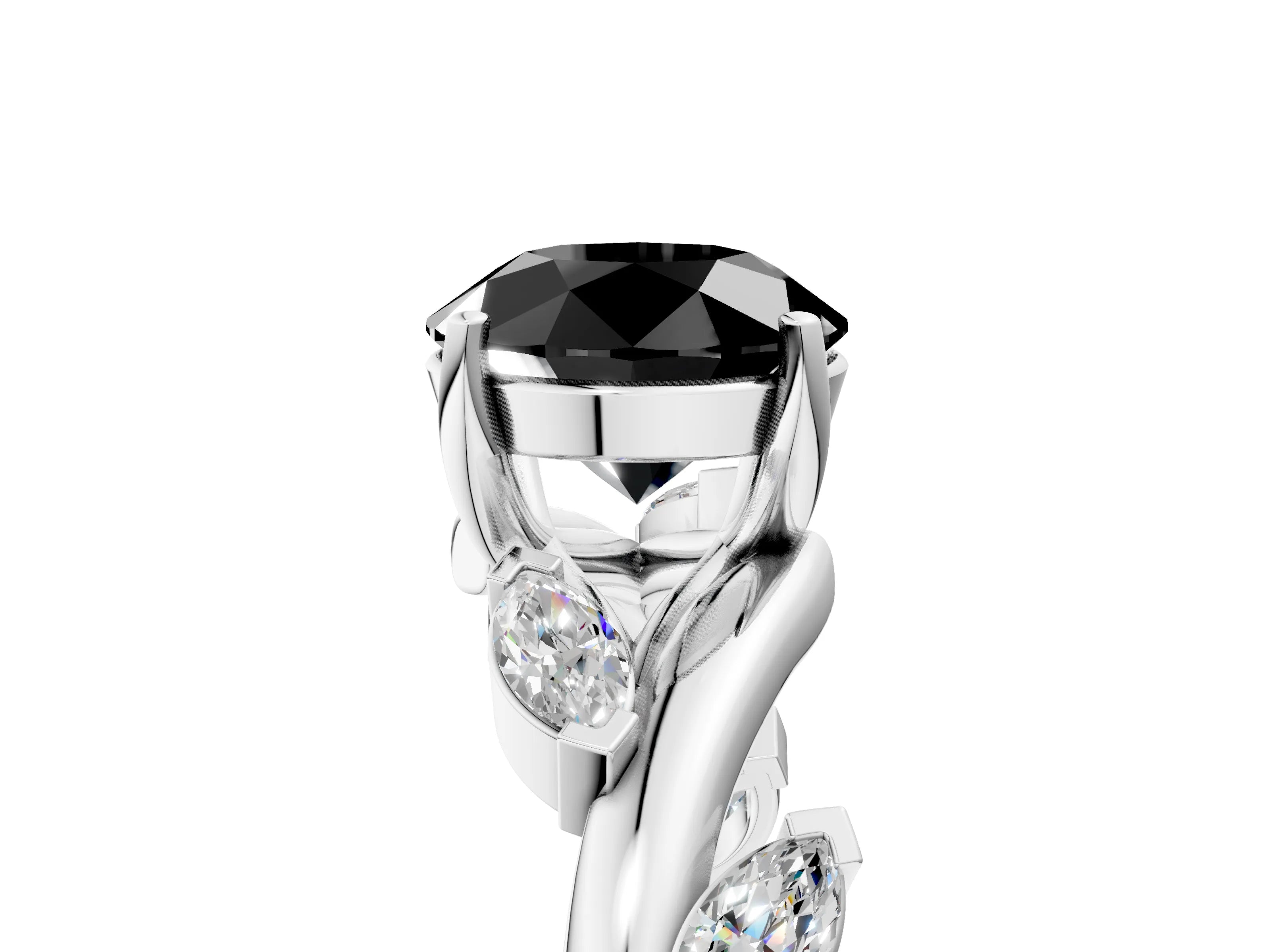 White gold Fancy Black Round Cut Solitaire Twisted Band Marquise Accent Prong Setting Ring_17