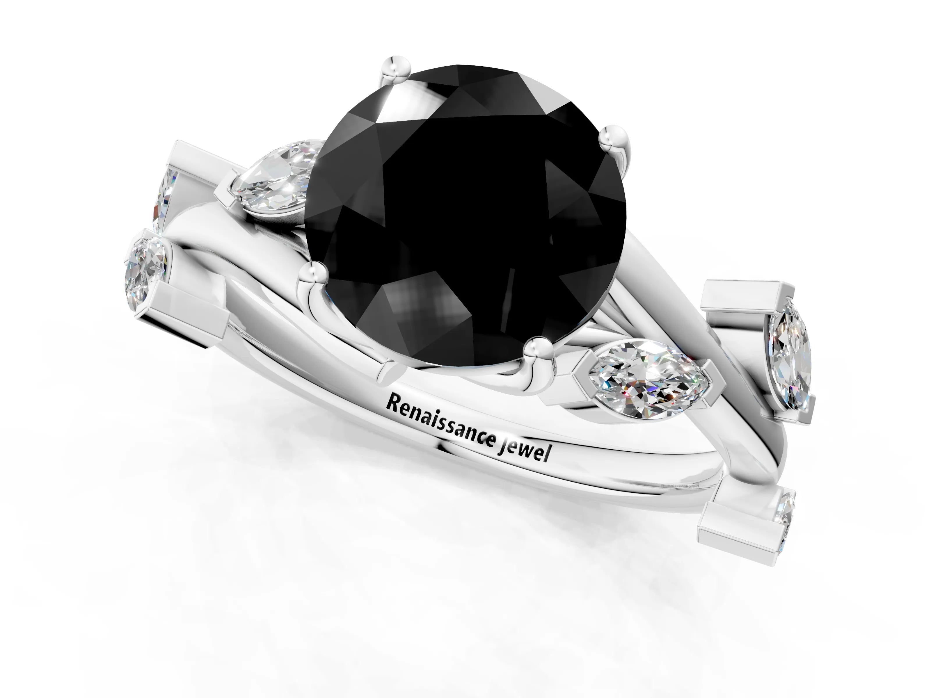 White gold Fancy Black Round Cut Solitaire Twisted Band Marquise Accent Prong Setting Ring_1