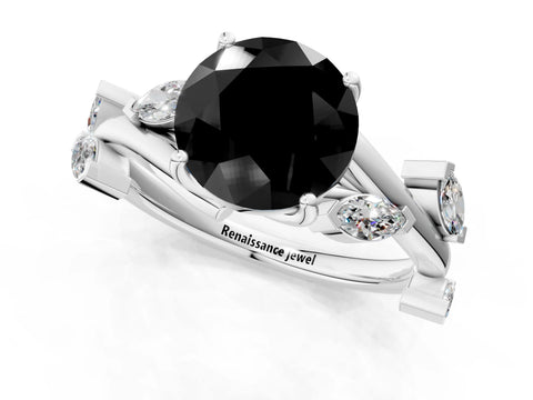 White gold Fancy Black Round Cut Solitaire Twisted Band Marquise Accent Prong Setting Ring_1