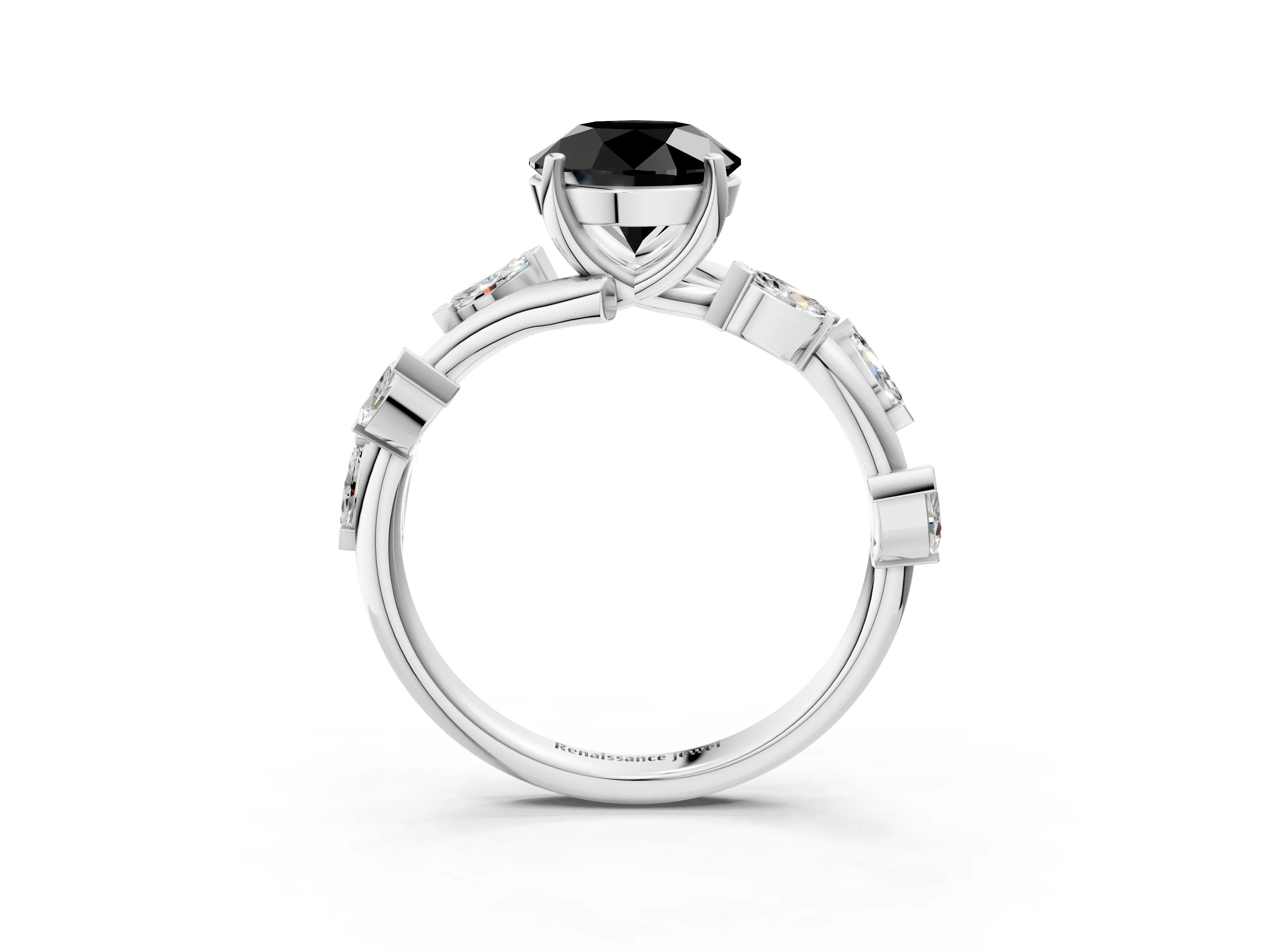 White gold Fancy Black Round Cut Solitaire Twisted Band Marquise Accent Prong Setting Ring_3