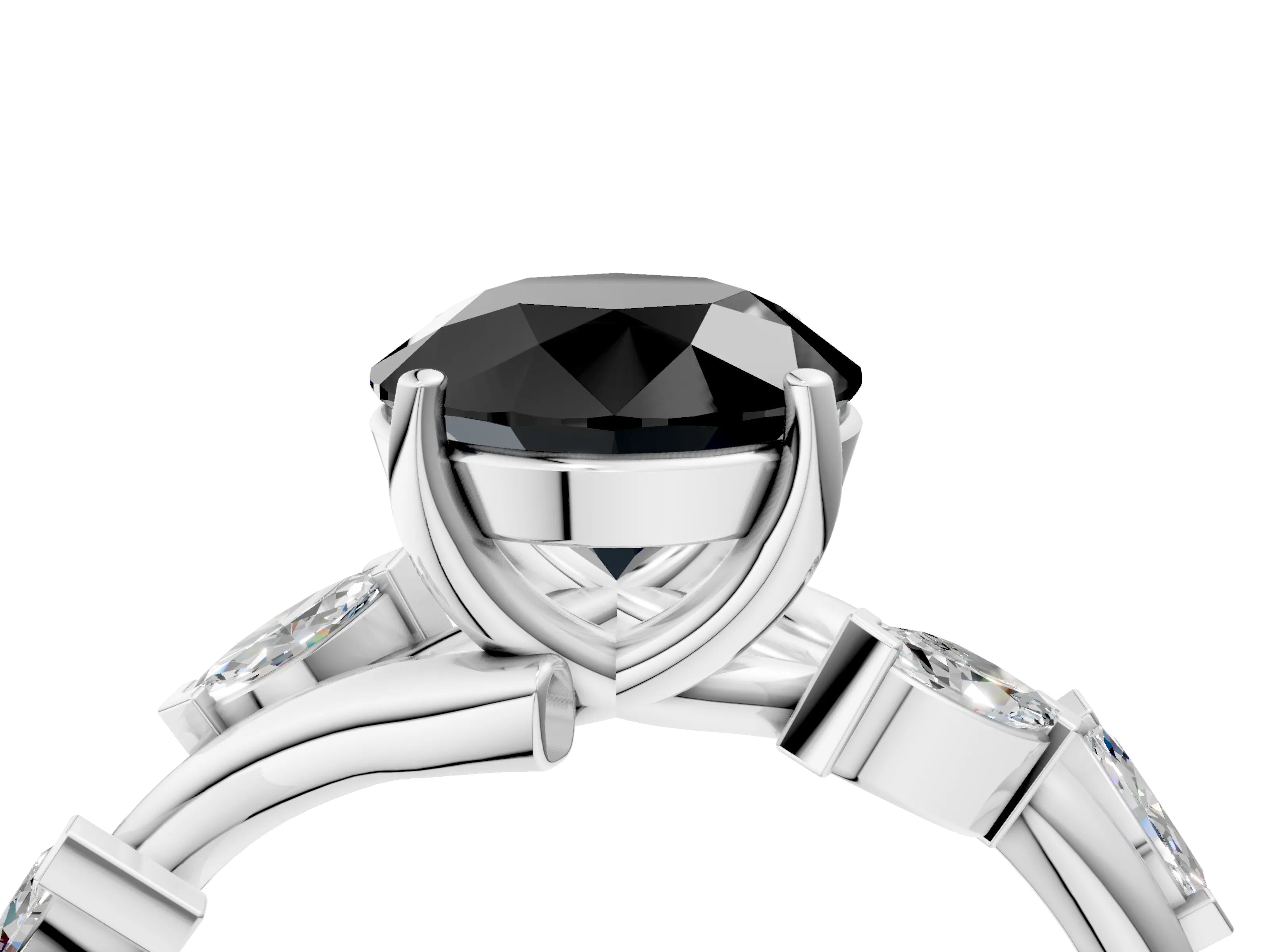 White gold Fancy Black Round Cut Solitaire Twisted Band Marquise Accent Prong Setting Ring_4