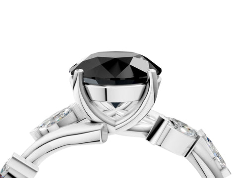 White gold Fancy Black Round Cut Solitaire Twisted Band Marquise Accent Prong Setting Ring_4