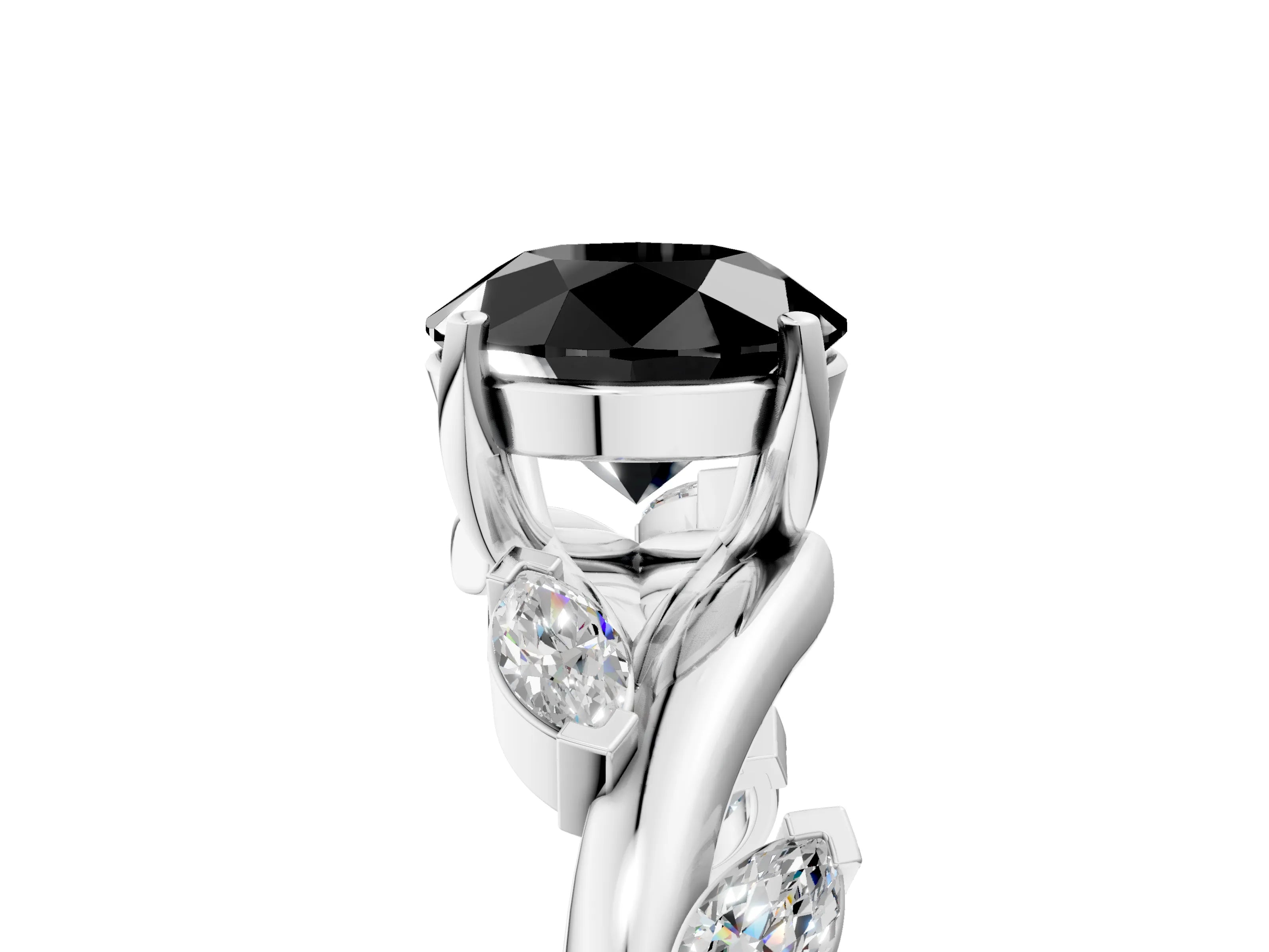 White gold Fancy Black Round Cut Solitaire Twisted Band Marquise Accent Prong Setting Ring_5