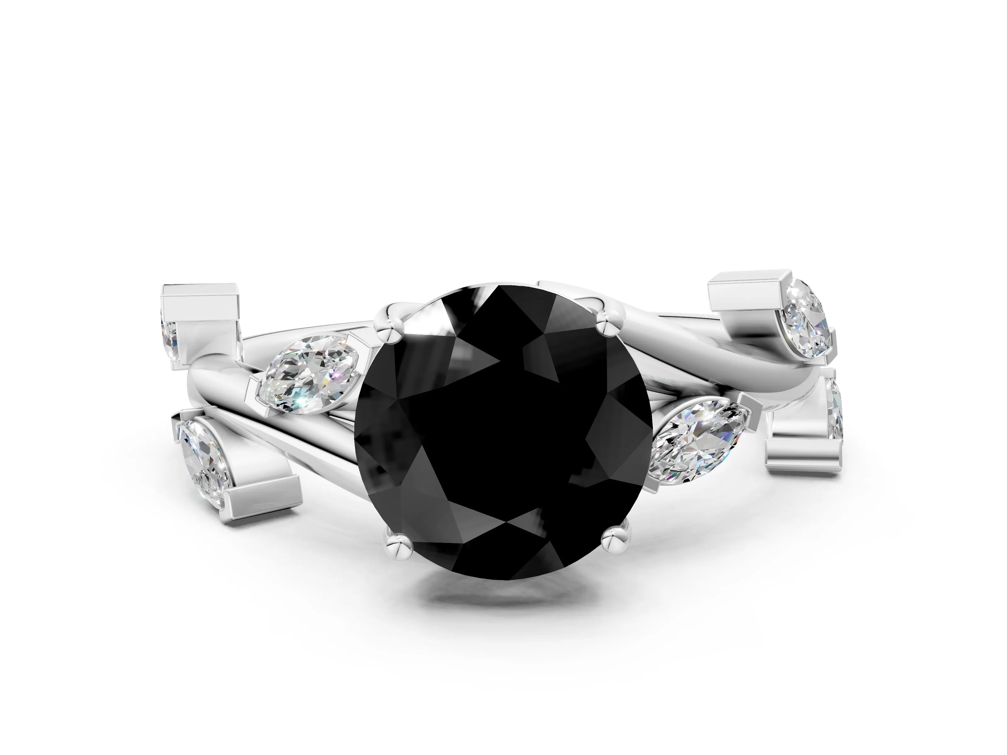 White gold Fancy Black Round Cut Solitaire Twisted Band Marquise Accent Prong Setting Ring