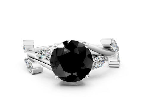 White gold Fancy Black Round Cut Solitaire Twisted Band Marquise Accent Prong Setting Ring