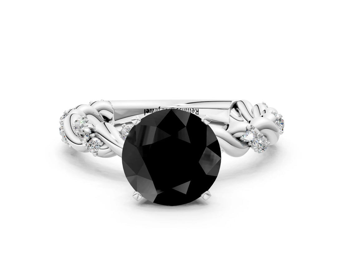 White gold Fancy Black Round Cut Solitaire Twisted Band with Pavé Accents and Four-Prong Setting
