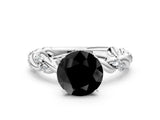 White gold Fancy Black Round Cut Solitaire Twisted Band with Pavé Accents and Four-Prong Setting