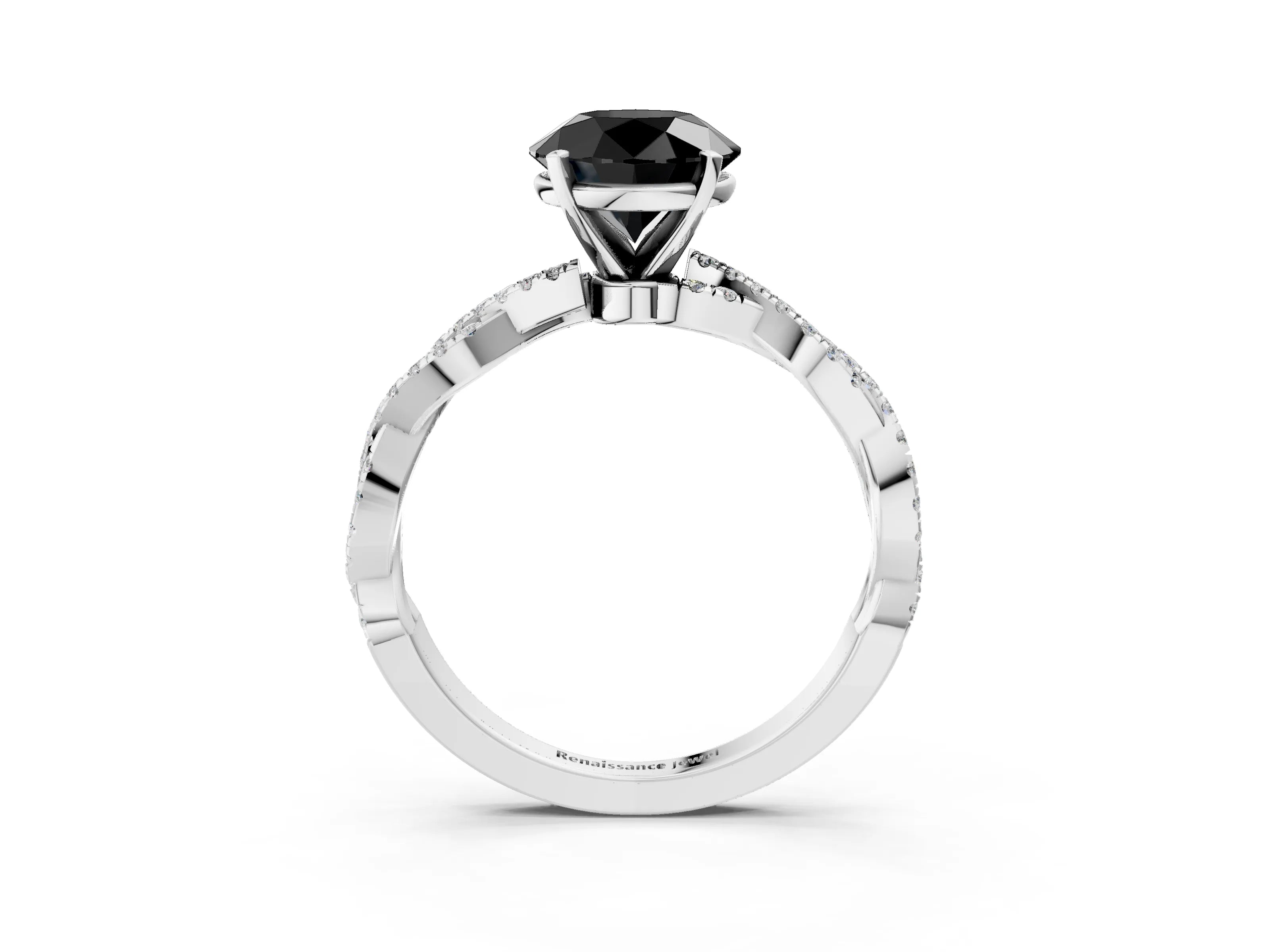 White gold Fancy Black Round Cut Solitaire Twisted Pave Band with Four-Prong Setting_6