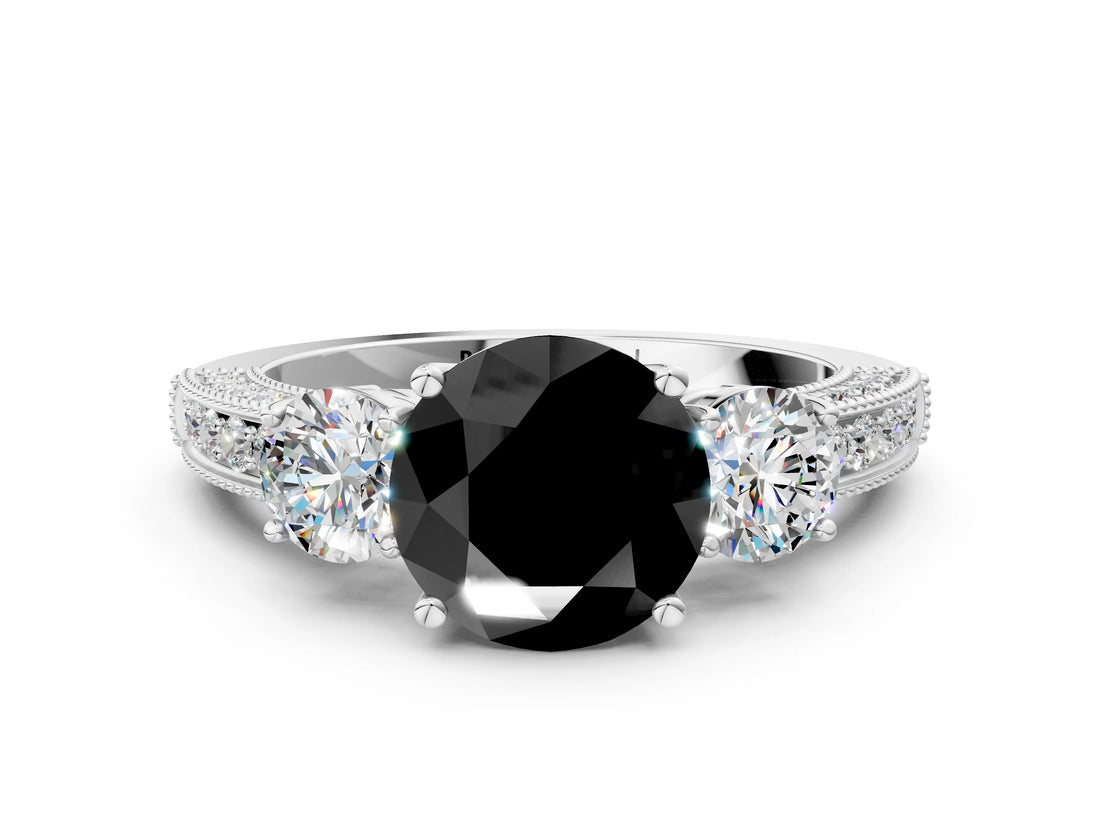 White gold Fancy Black Round Cut Three-Stone Diamond Ring with Pavé Band and Four-Prong Setting_12