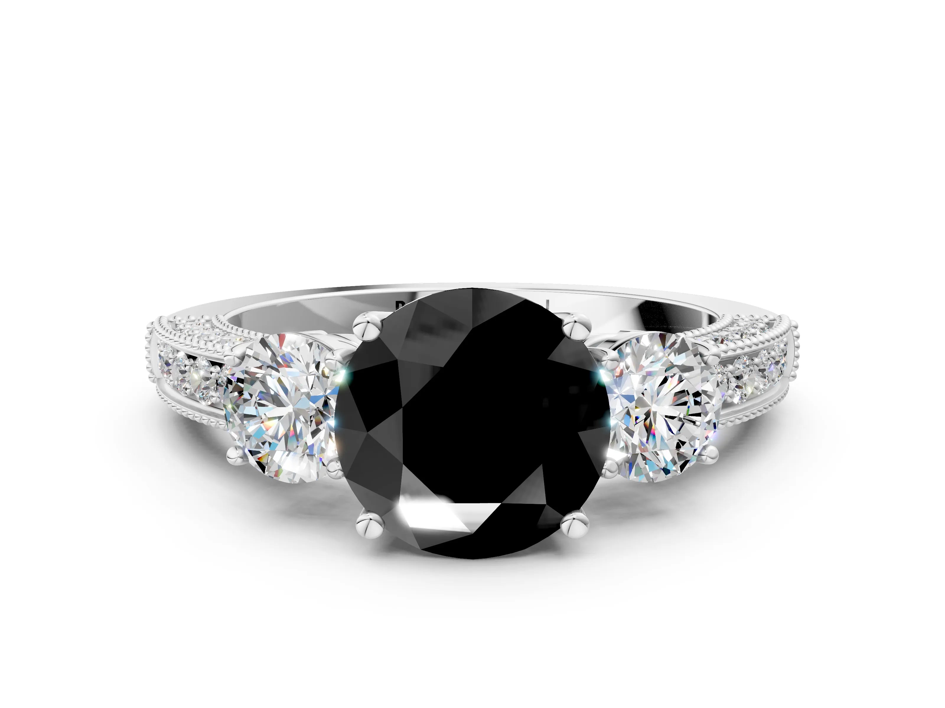 White gold Fancy Black Round Cut Three-Stone Diamond Ring with Pavé Band and Four-Prong Setting_12