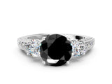 White gold Fancy Black Round Cut Three-Stone Diamond Ring with Pavé Band and Four-Prong Setting_12