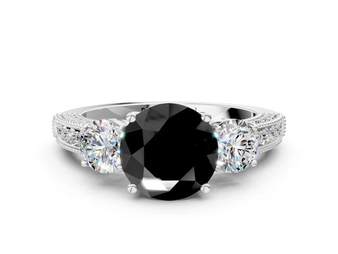 White gold Fancy Black Round Cut Three-Stone Diamond Ring with Pavé Band and Four-Prong Setting_12
