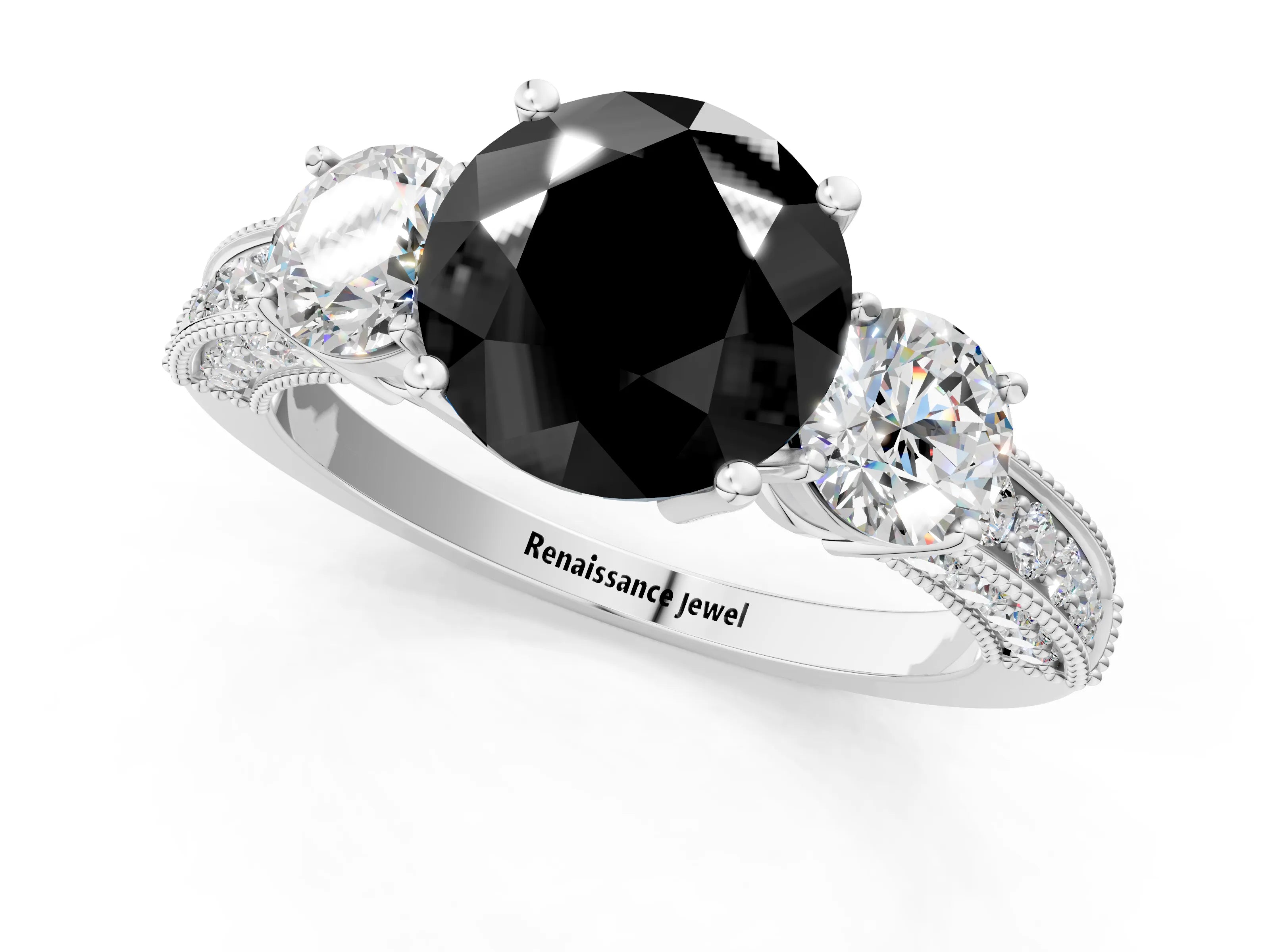 White gold Fancy Black Round Cut Three-Stone Diamond Ring with Pavé Band and Four-Prong Setting_13