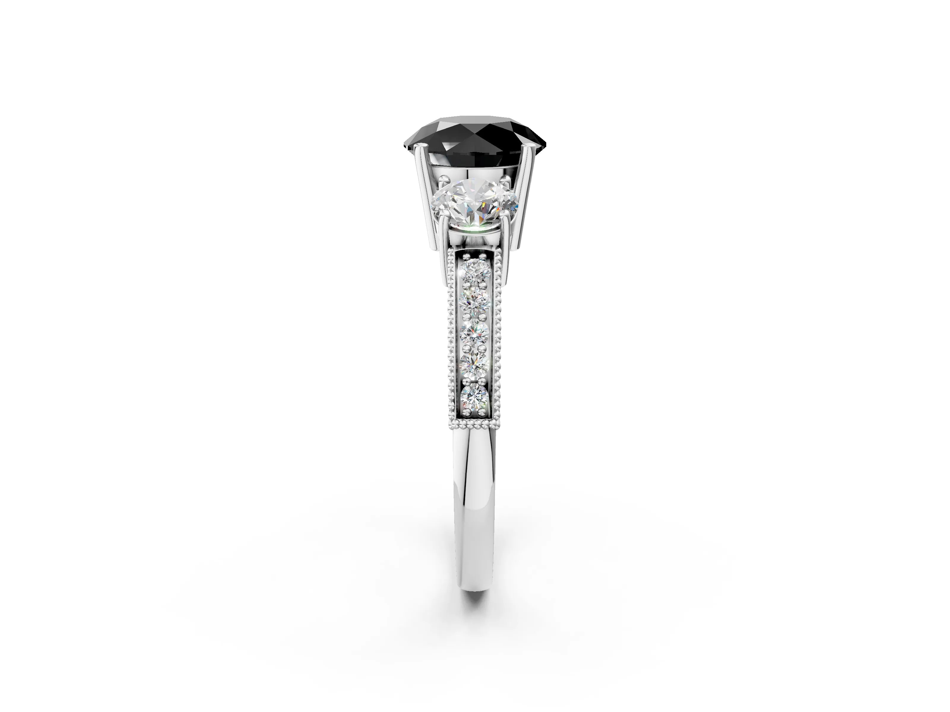 White gold Fancy Black Round Cut Three-Stone Diamond Ring with Pavé Band and Four-Prong Setting_14