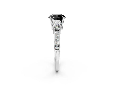 White gold Fancy Black Round Cut Three-Stone Diamond Ring with Pavé Band and Four-Prong Setting_14