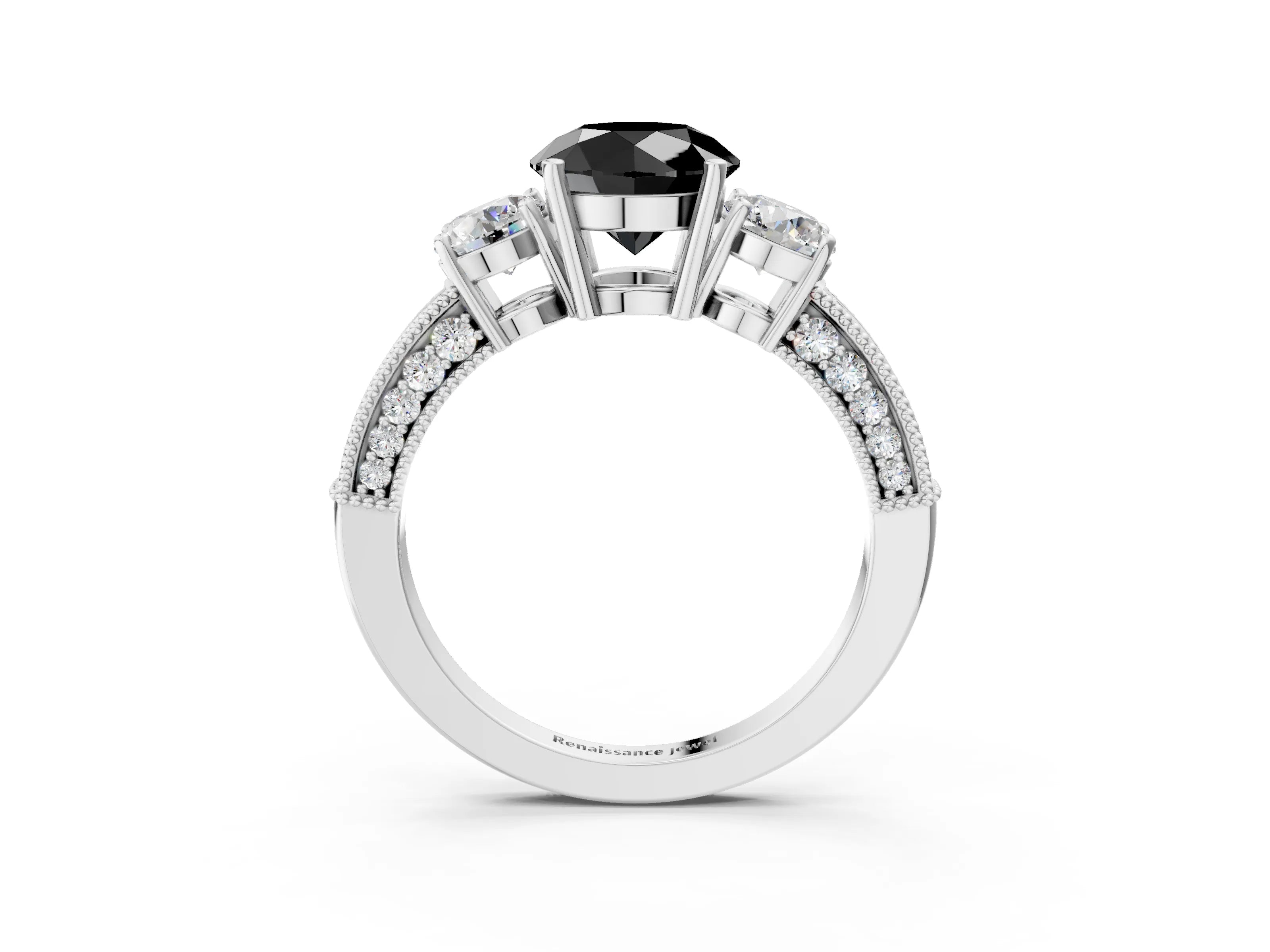 White gold Fancy Black Round Cut Three-Stone Diamond Ring with Pavé Band and Four-Prong Setting_15