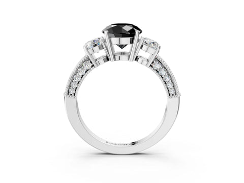 White gold Fancy Black Round Cut Three-Stone Diamond Ring with Pavé Band and Four-Prong Setting_15