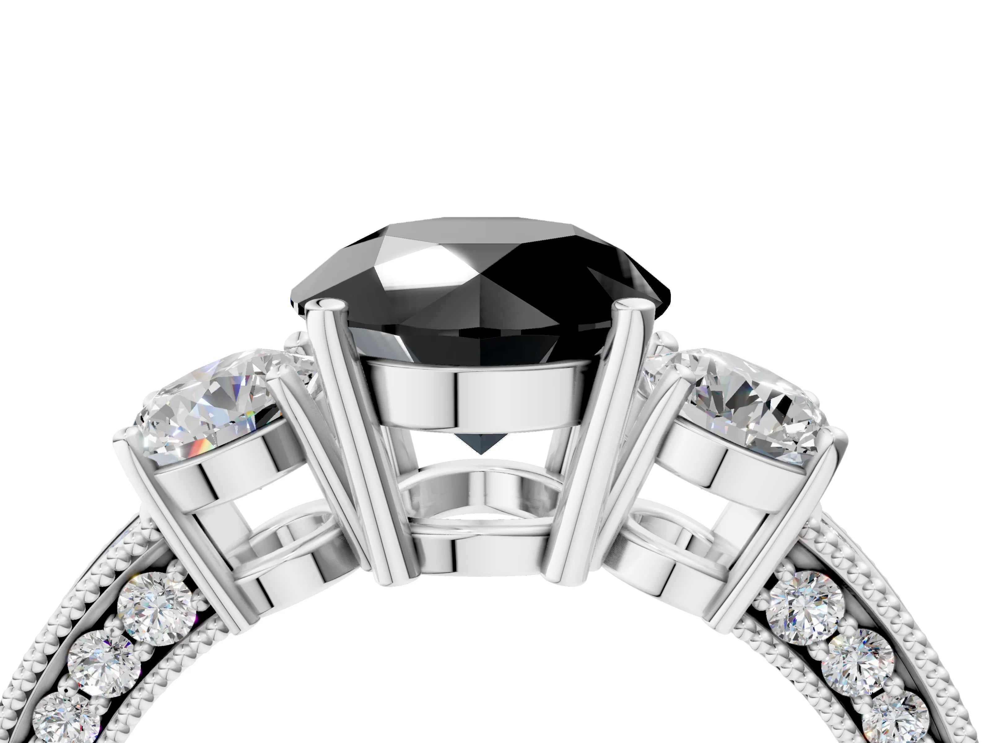White gold Fancy Black Round Cut Three-Stone Diamond Ring with Pavé Band and Four-Prong Setting_16