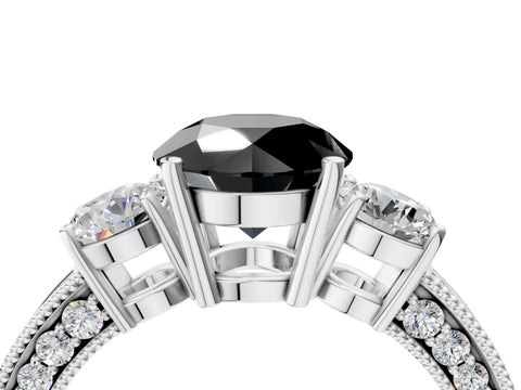 White gold Fancy Black Round Cut Three-Stone Diamond Ring with Pavé Band and Four-Prong Setting_16