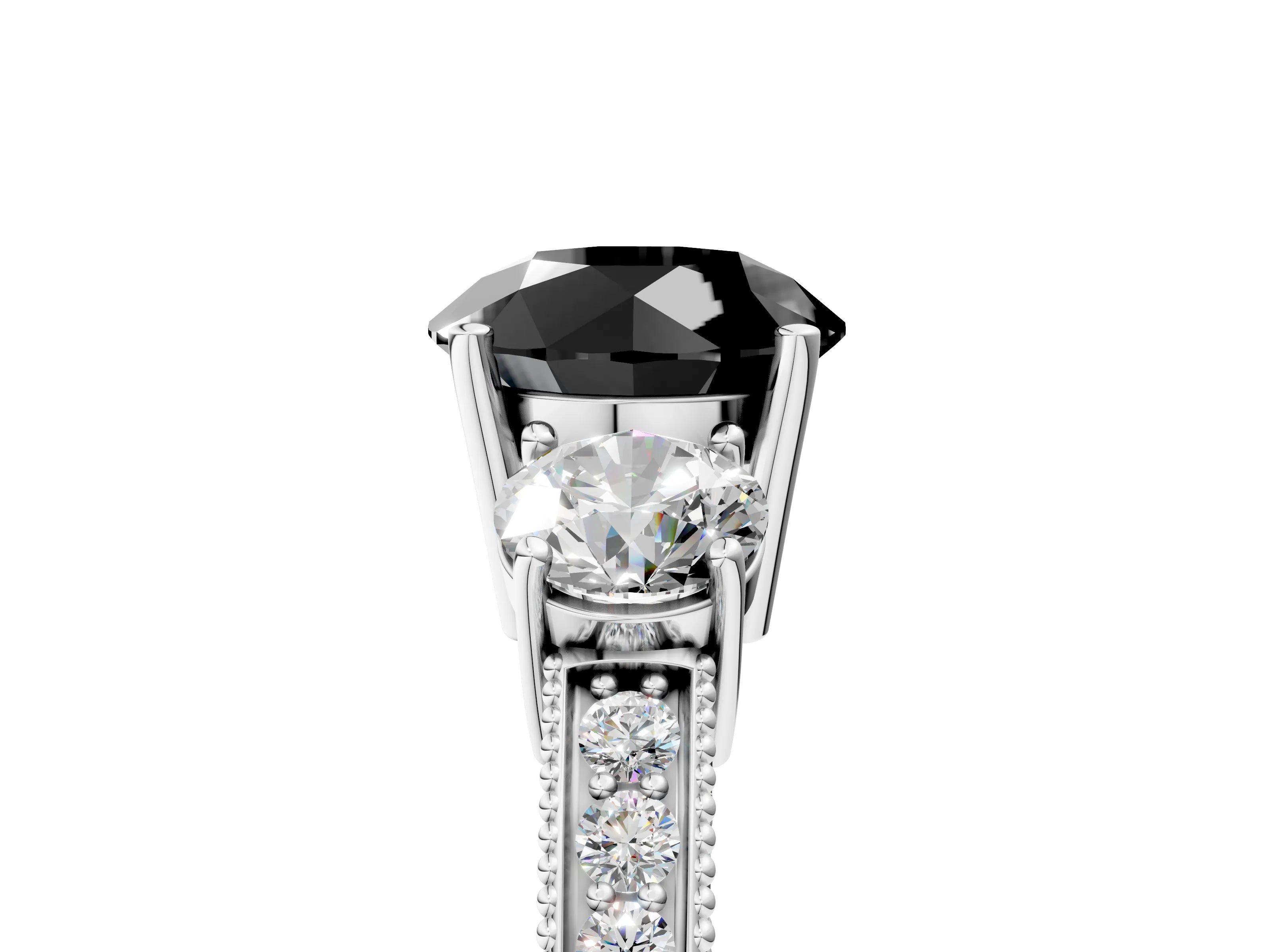 White gold Fancy Black Round Cut Three-Stone Diamond Ring with Pavé Band and Four-Prong Setting_17